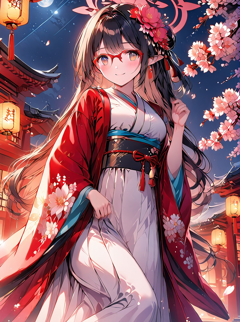 Hanfu,O,ayane(bluearchive),glasses, hair ornament, flower, halo, long hair, hair flower, black hair, japanese clothes, multiple girls, looking at viewer, smile, pointy ears, kimono, outdoors, braid, night, bangs, red-framed eyewear, closed mouth, long sleeves, blush, wide sleeves, sky, 2girls, east asian architecture, lantern, sash, white flower, brown eyes, night sky, breasts, architecture, cherry blossoms, pink flower, solo focus, floral print, hand up