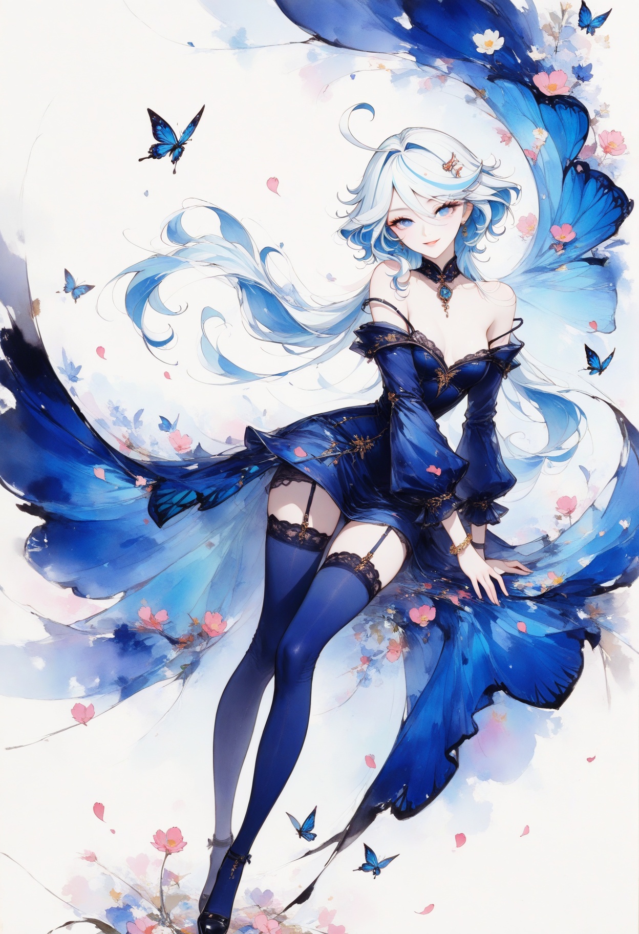 colorink,masterpiece,best quality,amazing quality,very aesthetic,sharp focus,high-end texture,(very awa,year 2024,newest,highres,absurdres),furina_(genshin_impact), genshin_impact, 1girl, blue_eyes, blue_hair1girl,solo,long hair,narrow waist,long eyelashes,earring,smile,looking at viewer,lips,dress,seductive smile,parted lips,jewelry,hair clip,bracelet,hair ornament,flower,***,butterfly,falling petals,ace-trim,garter straps,thighhighs,full body,dynamic pose,(strap slip),off shoulder,long_sleeves,simple background,