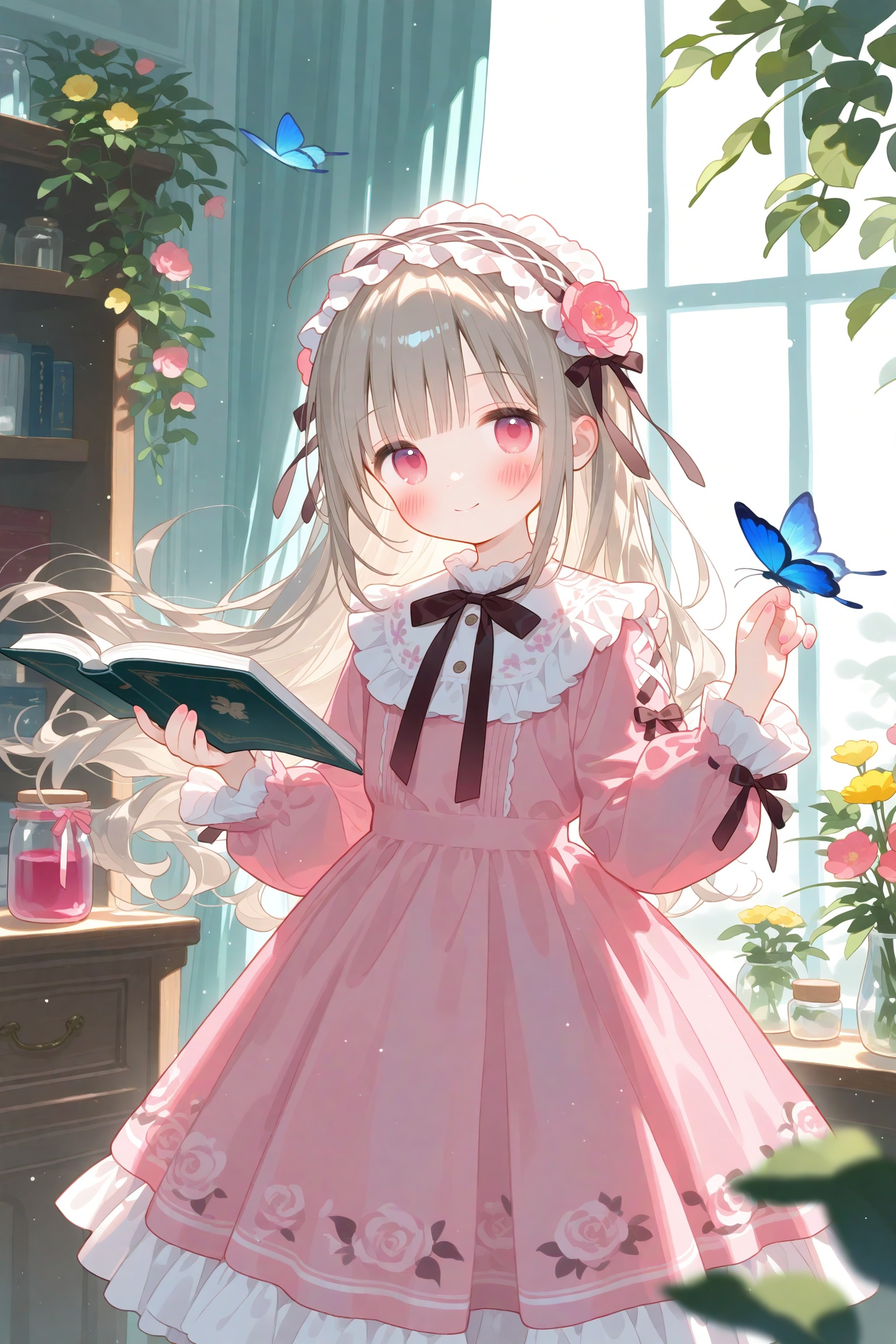 Elite,1girl,bug,butterfly,jar,book,pink dress,dress,frills,frilled dress,window,solo,smile,flower,holding,hairband,looking at viewer,long hair,indoors,red eyes,blush,hair ornament,open book,shelf,butterfly on hand,holding book,blue butterfly,closed mouth,long sleeves,pink flower,hair flower,frilled hairband,bow,plant,collared dress,ribbon,lolita hairband,lolita fashion,floral print,bookshelf,dress bow,puffy long sleeves,grey hair,frilled collar,blunt bangs,blurry,frilled sleeves,bowtie,standing,fruit,neck ribbon,pink ribbon,black bow,cover,food,light brown hair,wavy hair,ahoge,headdress,day,blurry foreground,puffy sleeves,brown hair,very long hair,black ribbon,collar,pink bow,dot nose,depth of field,dated,potted plant,sunlight,leaf,sweet lolita,yellow butterfly,sleeve cuffs,light blush,cover page,bottle,cowboy shot,black bowtie,animal,maid headdress,sidelocks,book stack,pink theme,pink rose,white collar,looking at animal,hair ribbon,jewelry,cabinet,petticoat,feet out of frame,medium dress,frilled shirt collar,rose print,print dress,red bow,black hairband,red ribbon,long dress,buttons,hair bow,hands up,red flower,split mouth,bookmark,hand up,hanging plant,backlighting,brown bow,eyelashes,pink eyes,blurry background,light smile,curly hair,layered dress,sleeve bow,artist name,yellow flower,purple flower,ribbon-trimmed dress,floating hair,looking at object,flower (symbol),white butterfly,light particles,pink sleeves,lace trim,purple butterfly,curtains,bonnet,pink nails,drawer,brown ribbon,jam,headband,transparent,