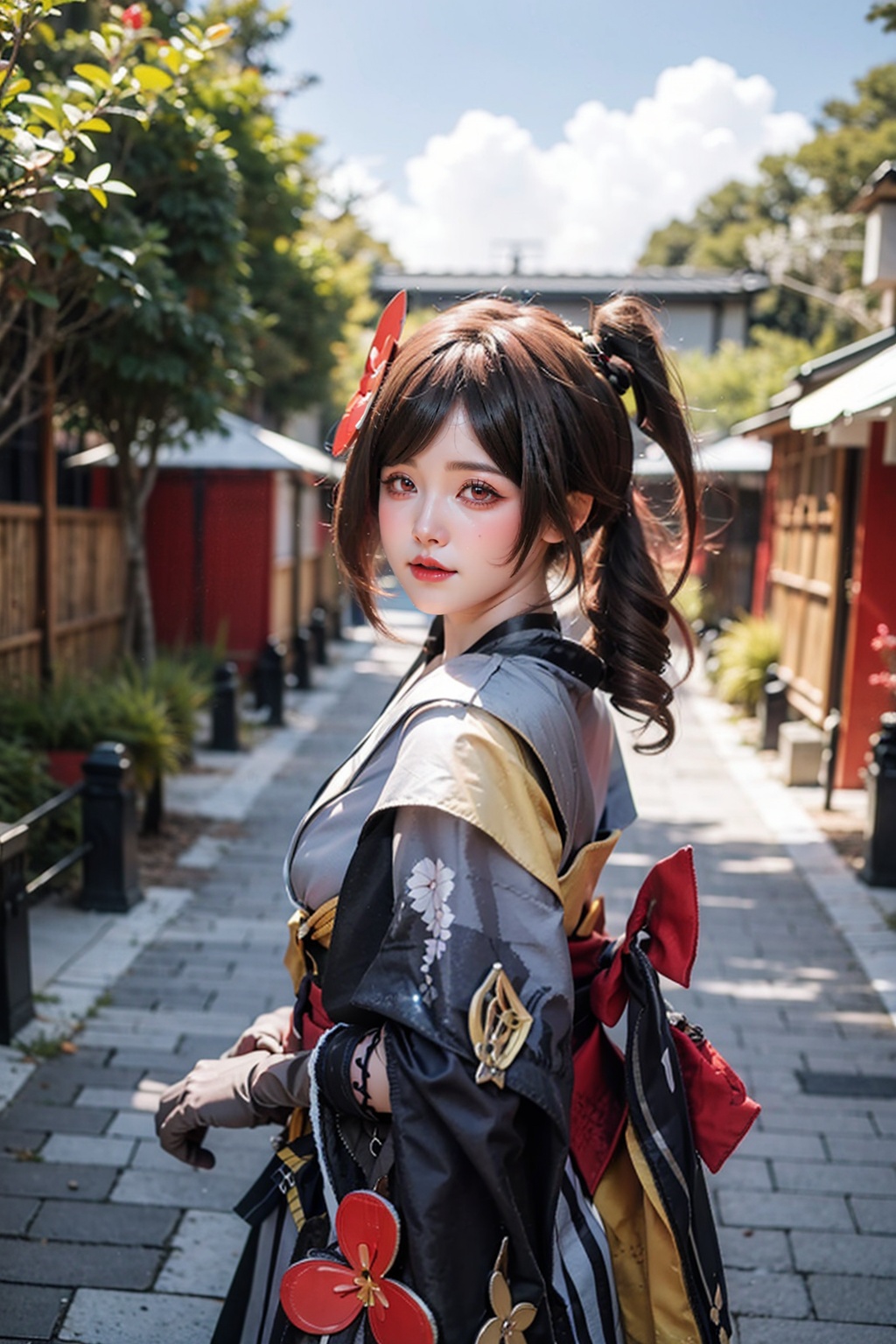 masterpiece,best quality,realistic,film grain,1girl, chiori \(genshin impact\), solo, gloves, red eyes, cowboy shot, hair flower, kimono, side ponytail, brown hair, outdoors, tree, day, cloud