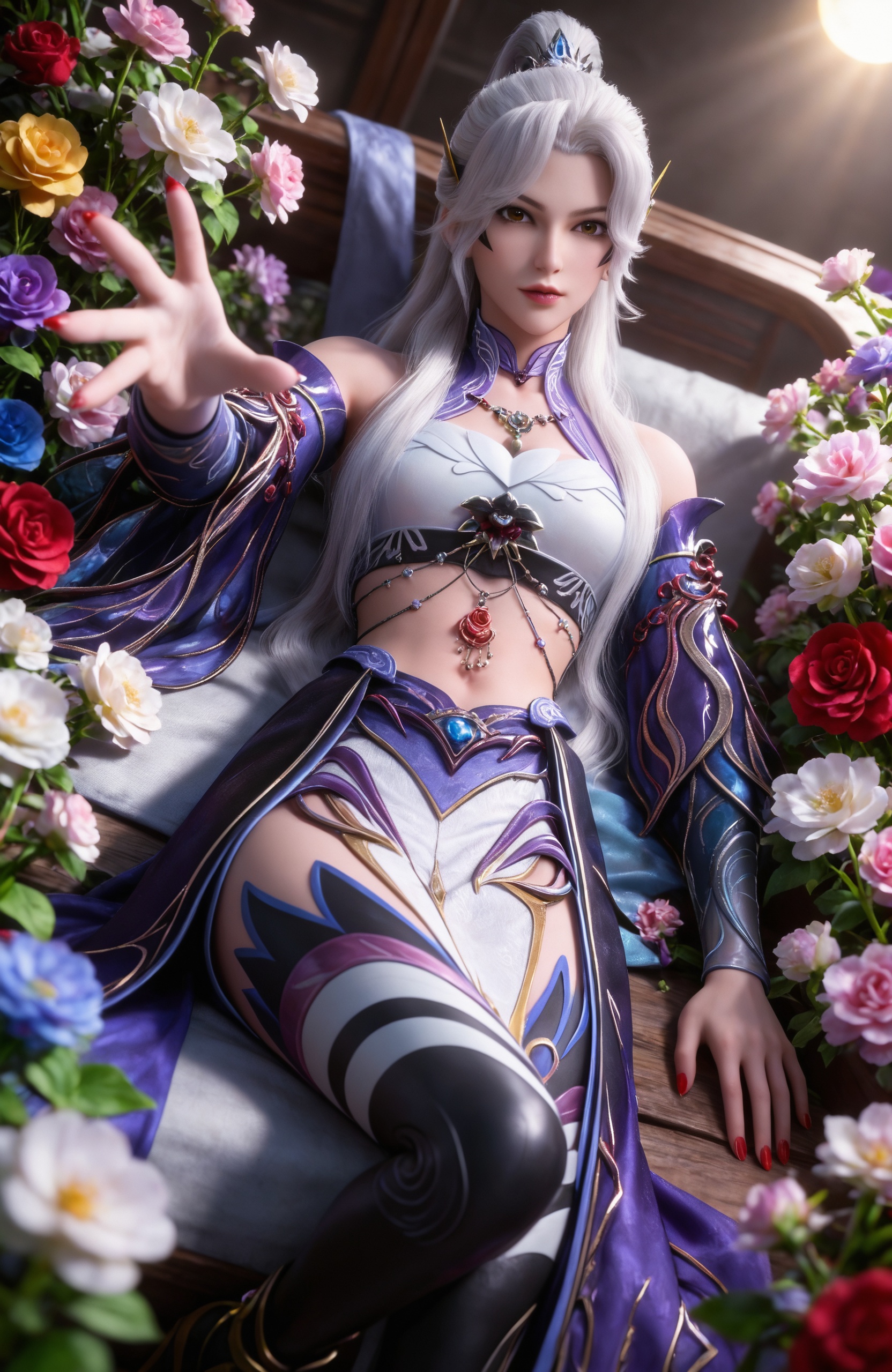 <lora:百炼成神3-星剑Pony:0.8> 1girl, long hair, white hair, ponytail, hair ornament,brown eyes, bare shoulders, crop top,midriff, navel, jewelry, facial mark, detached sleeves, thighhighs,high heels,boots,, realistic style photo,outstanding style,Use soft lighting to cast gentle shadows on the subject,adding a touch of dimension to your images without compromising details,whirls of vapor,(Anime:1.1),soft neon light,ethereal ambiance,delicate details,magical atmosphere,concept art,highly detailed,ultra-high resolution,32K UHD,sharp focus,best-quality,masterpiece,golden hour,unconventional supreme masterpiece,masterful details,temperate atmosphere,with a high-end texture,in the style of fashion photography,magazine style,Dynamic Angle,Dynamic posture,magazine style,Dynamic Angle,Dynamic posture,(cowboy_shot:1.2),eye trail,depth of field,cinematic lighting,lens flare,close-up,extreme aesthetic,(wlop:0.6),(honjou raita,lack,rella,wanke:0.5),masterpiece,best quality,good quality,newest,year 2025,very aesthetic,absurdres,Visual impact,A shot with tension,ultra-high resolution,32K UHD,sharp focus,best-quality,masterpiece,Emotionalization,unconventional supreme masterpiece,masterful details,temperate atmosphere,with a high-end texture,in the style of fashion photography,(Visual impact:1.2),giving the poster a dynamic and visually striking appearance,, 1girl,solo,lying,flower,,looking at viewer,rose,red nails,parted lips,red rose,nail polish,see-through,outstretched arm,outstretched hand,breasts,reaching towards viewer,