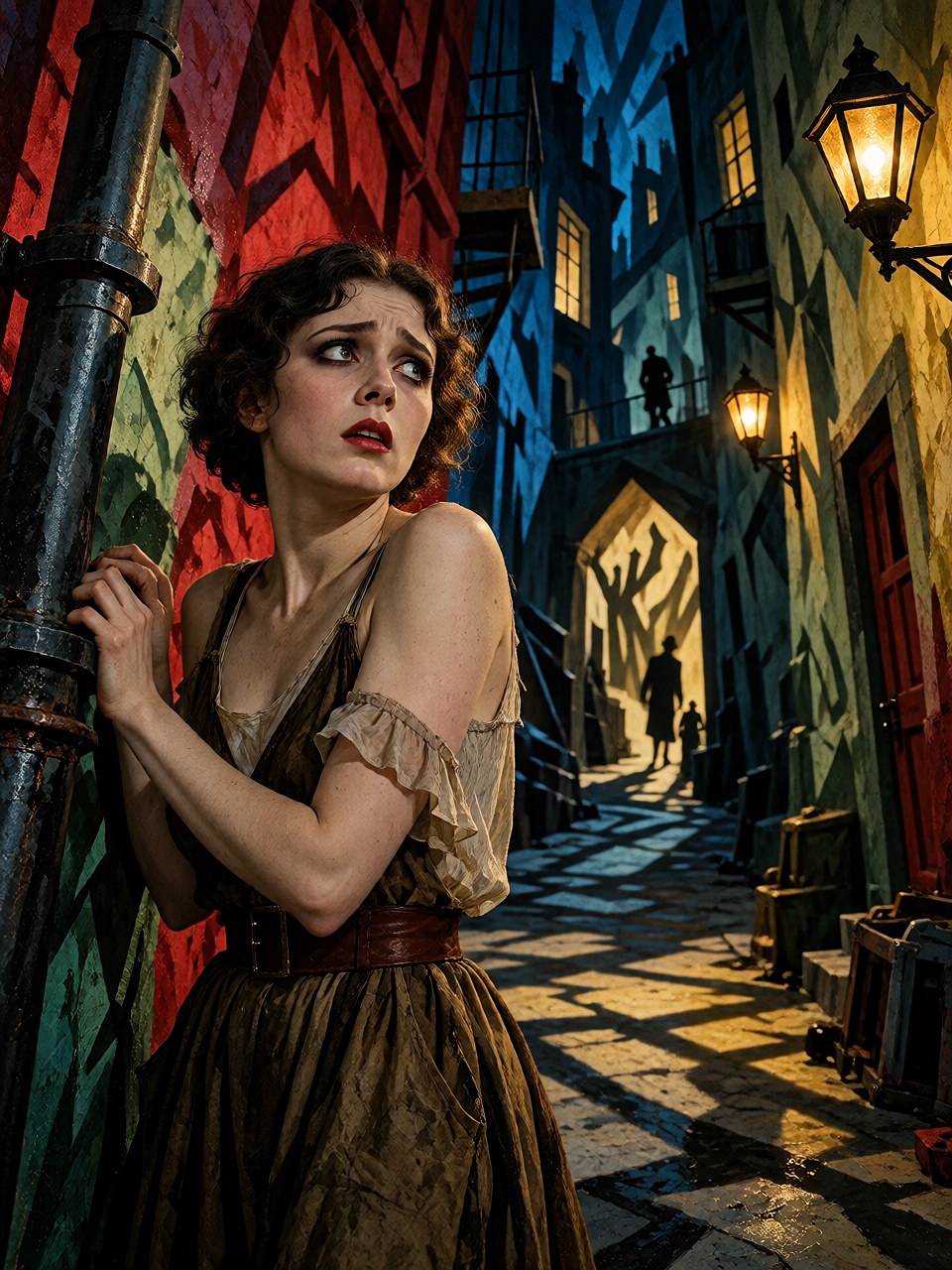 A scene rendered in saturated Technicolor,  showing a frightened young woman in vintage clothing turning in a strangely an...