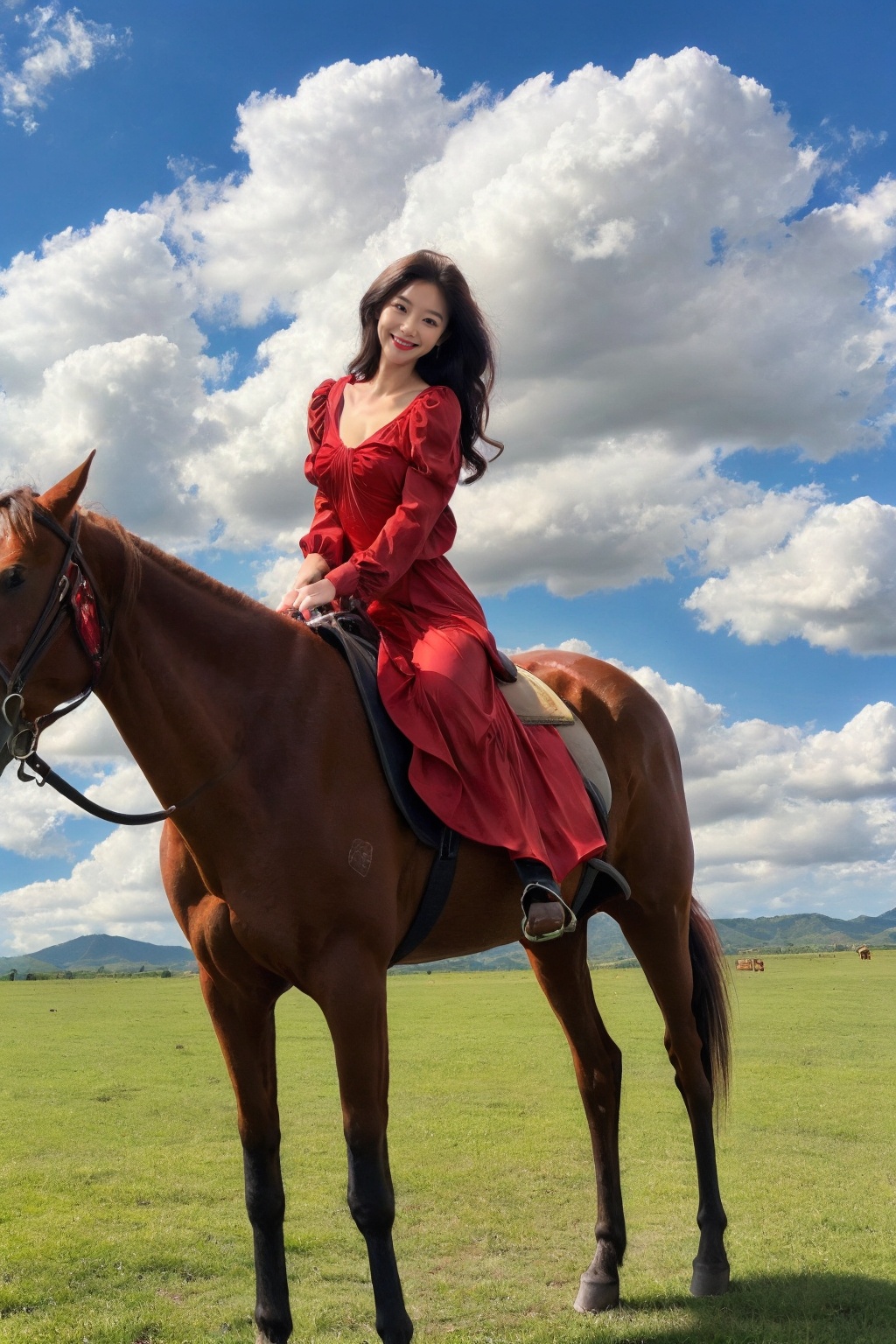 1girl,solo,black hair,realistic,looking at viewer,long hair,smile,(red dress:1.3),<lora:neimenggu_muggle:0.6>,neimenggu muggle,riding,horse,outdoors,horseback riding,cloud,outdoors,grass,blue sky,day,cloud,