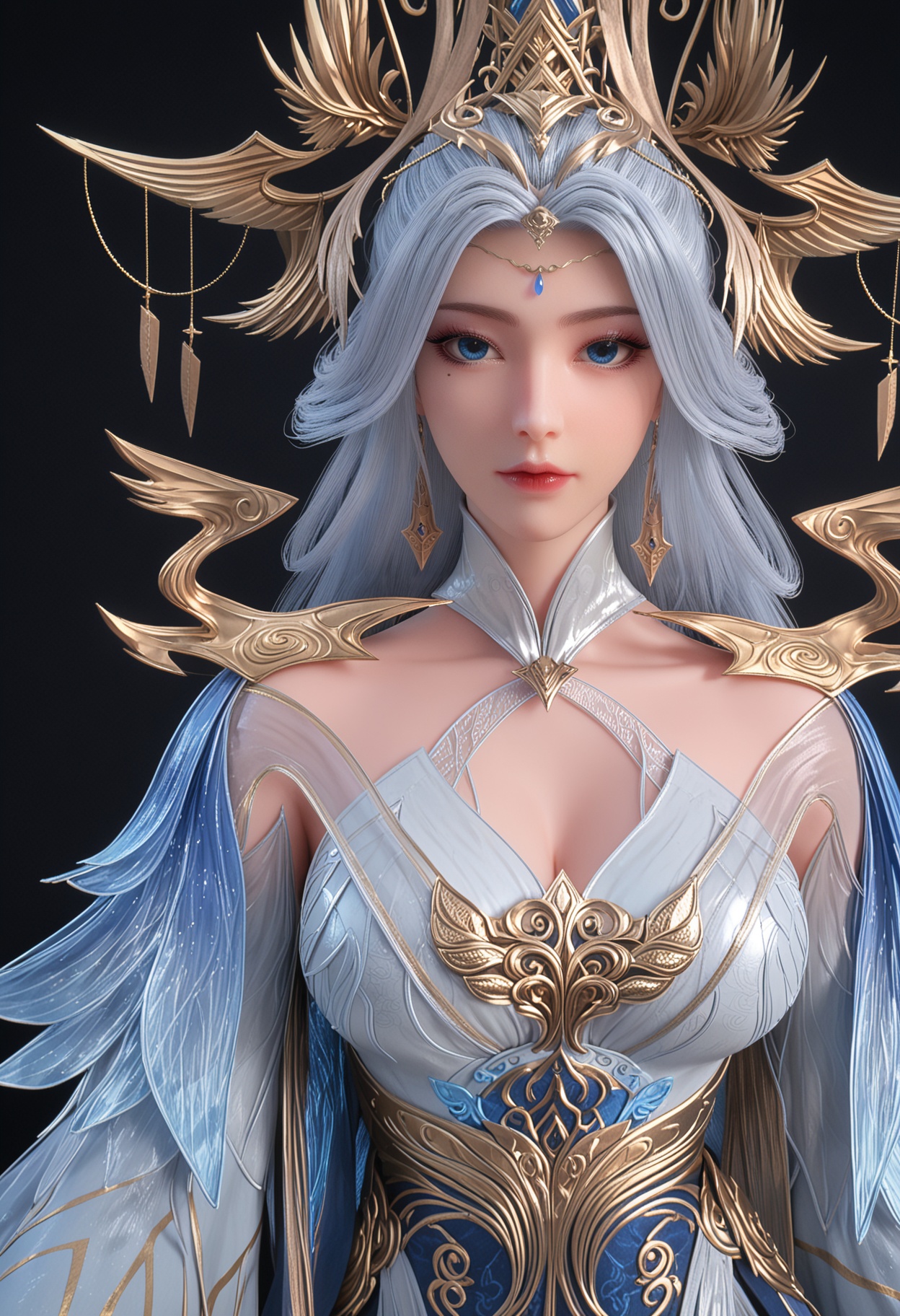 score_9,upper_body,looking at viewer,(large breasts:0.8),1girl,solo,long hair,hair ornament,jewelry,blue eyes,earrings,dress,white hair,blue dress,closed mouth,long sleeves,mole under eye,detached sleeves,makeup,high_heels,(simple background,pure black background,black background:1.1),perfect_anatomy,<lora:QQSponyningyudiedujieV1:0.8>,