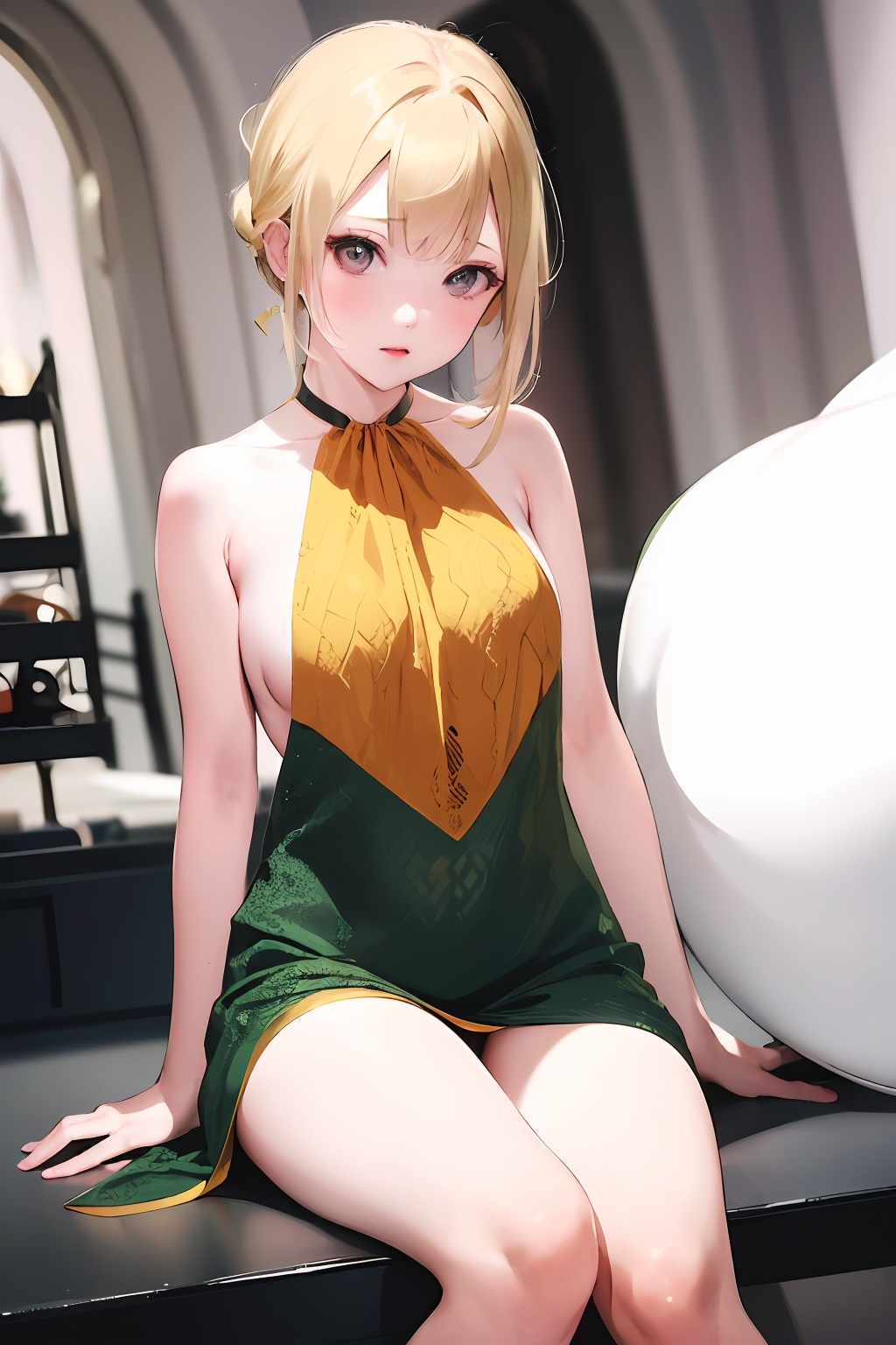 (masterpiece, top quality, best quality, official art, beautiful and aesthetic:1.2),1girl,blonde hair,solo,breasts,bare shoulders,sitting,thighs,sleeveless,blurry,bare arms,blurry background,<lora:lbc_Back_skirt:0.8>,
