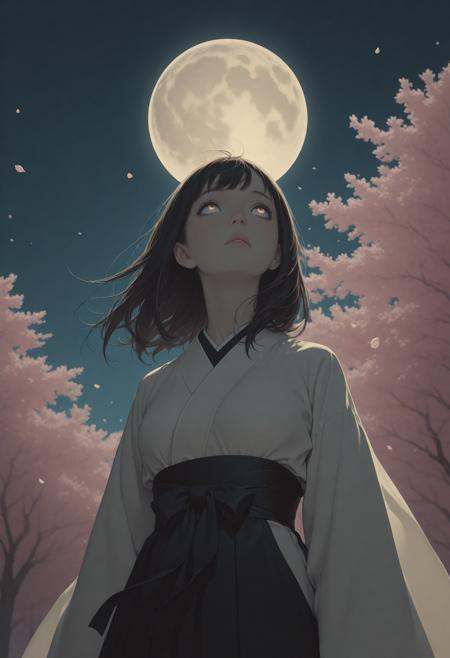 masterpiece, detailed_eyes, high_quality, best_quality, highres, absurdres, 8k, subject_focus, depth_of_field, flat colorA serene night in the Japanese countryside, (person looking up) at a bright full moon, (moonlight illuminating) the figure and the surrounding cherry blossom trees in full bloom, (petals gently falling) create a tranquil atmosphere, (red and black aesthetic), ultra-detailed, cinematic lighting, enchanting ambiance, softly glowing moonlit sky, delicate petals dancing in the breeze, peaceful and reflective mood.