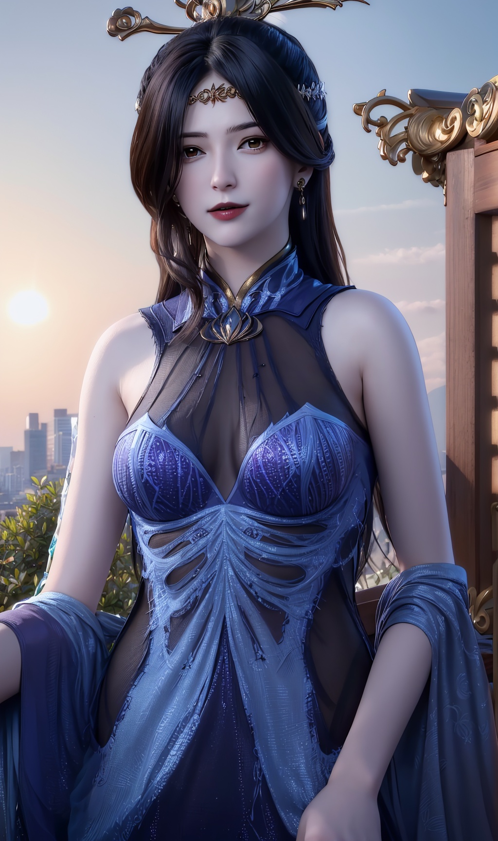 masterpiece,(best quality),official art, extremely detailed cg 8k wallpaper,((crystalstexture skin)), (extremely delicate and beautiful),highly detailed,1girl,solo,long hair,headwear,(standing),( hair),(( dress)),, (chinese_clothes),((upper body)), (medium breasts),((hair_ornament)),,(sunshine, outdoor,),((looking_at_viewer)),((Facing the camera)),, <lora:hipoly3DModelLora_v10:0.3>