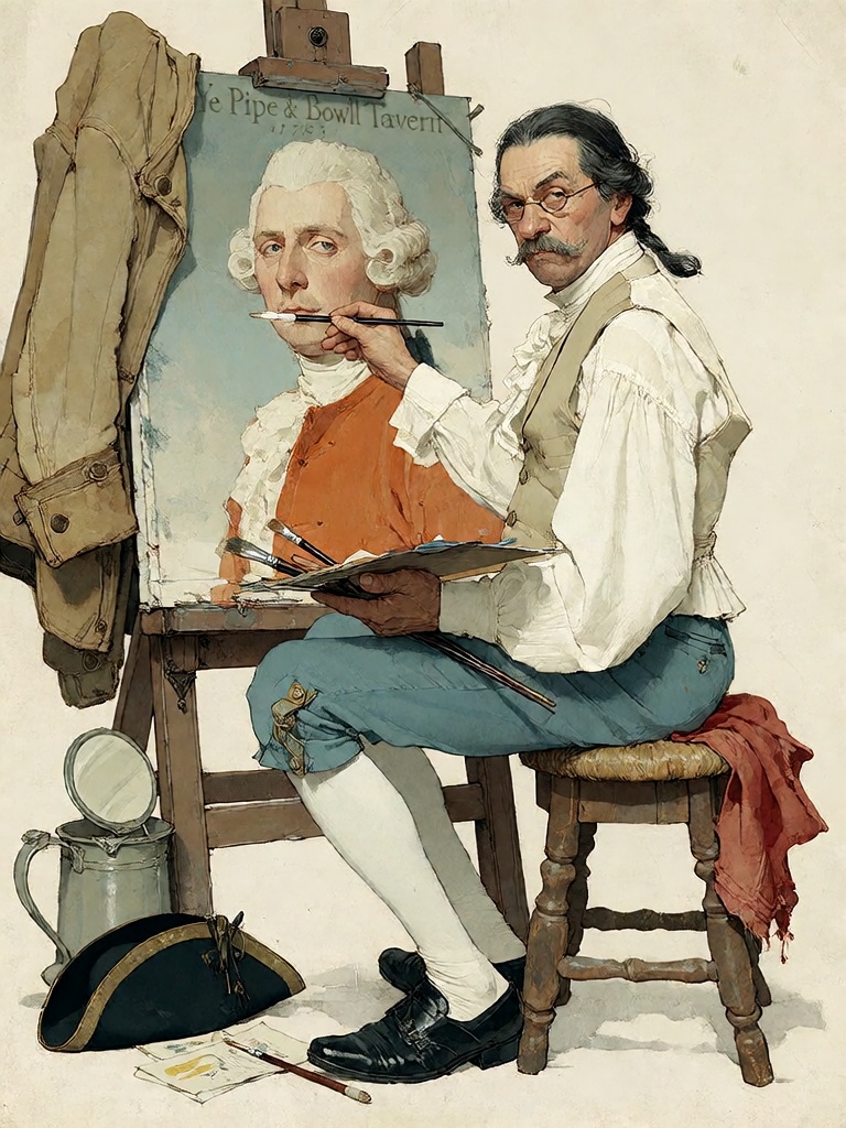 Bradhamel art style.An elderly painter with dark hair,  glasses,  and a mustache on Tensor.Art