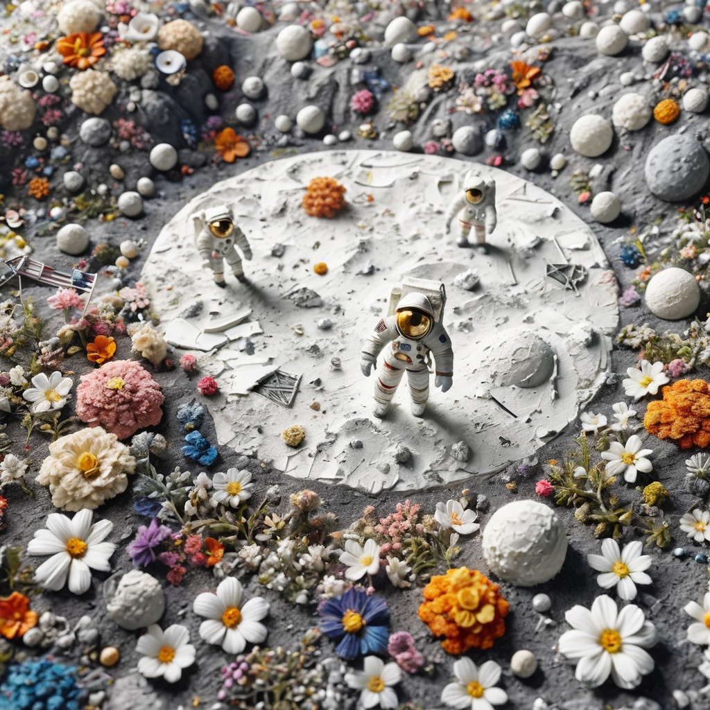 masterpiece,(realistic:1),(photorealistic:1),intricate detail,highly detailed,great textures,8k,high detail,miniature,landscape,overview,simulating a lunar landing,miniature,astronaut,lunar landing,simulation,crumbled texture,whimsical,creative scale,scene construction,storytelling,simple white background,solo,from above,poakl flower style,<lora:poaklflowerstyle-000009:0.8>,
