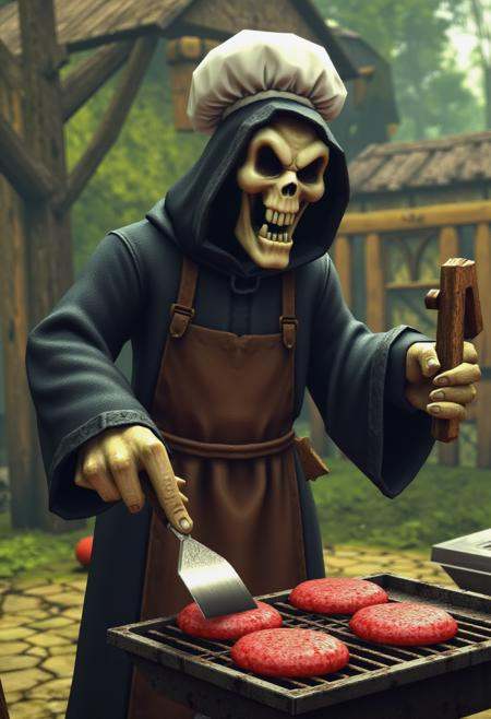 conkerlr. The grim reaper wearing a chef's hat and apron,  wielding a spatula,  grilling burgers on a barbecue outside. on...