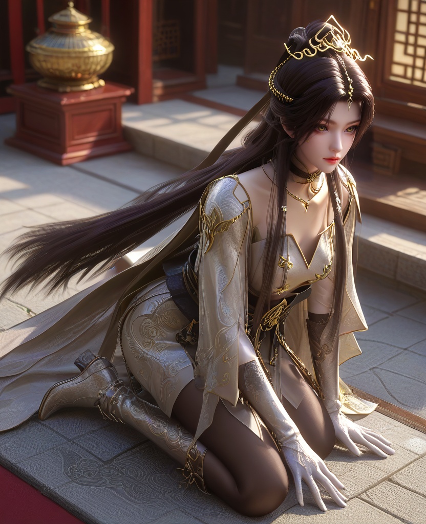 (oriental architecture, elegant decor, sophisticated style:1.1),(Elbows on knees, head resting on her hands,:1.1),From a high-angle vantage point,looking downwards,(large breasts:1.2),<lora:XL16云深不知梦羲和白色战斗服:0.95>,miss xihe,silvery white tiered dress,shawl,yellow eyes,facial mark,black hair,absurdly long hair,traditional chinese updo with long front strands,hair ornament,jewelry,sash,gloves,tights with attached boots,, score_9,score_8_up,score_7_up,score_6_up,score_5_up,score_4_up,3d rendering,tag1,tag2, Cinematic Lighting,backlighting,