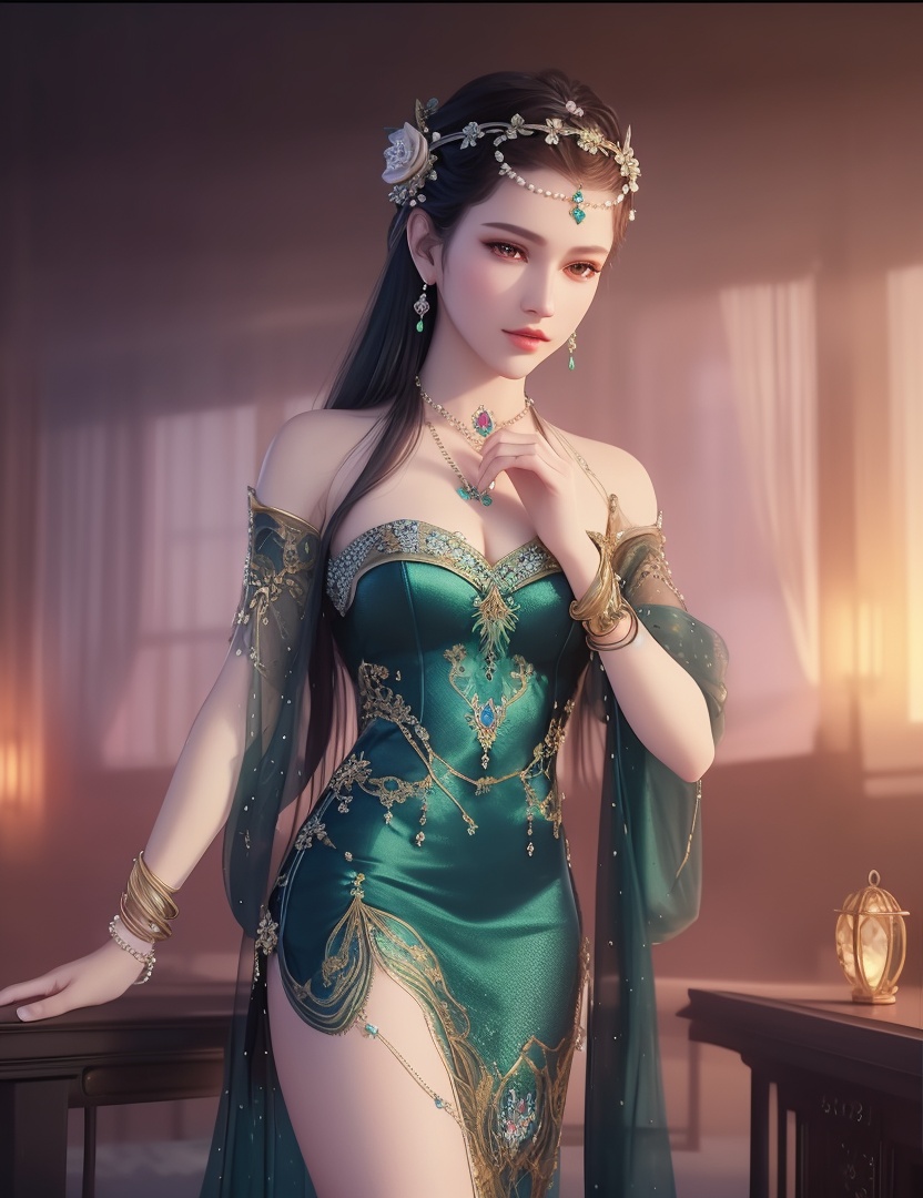 ultra realistic 8k cg, picture-perfect face, flawless, clean, masterpiece, professional artwork, famous artwork, cinematic lighting, cinematic bloom, perfect face, beautiful face, fantasy, dreamlike, unreal, science fiction,  beautiful clothes, lace, lace trim, lace-trimmed legwear,  (rich:1.4), prestige, luxury, jewelry, diamond, gold, pearl, gem, sapphire, ruby, emerald, intricate detail, delicate pattern, charming, alluring, seductive, erotic, enchanting, hair ornament, necklace, earrings, bracelet, armlet,halo((,1girl, pov,))(((,  1girl,  solo,looking at viewer, ))),(((1girl, solo, dress, jewelry)))<lora:DA_WhiteSnakeGreenSnake:0.8>