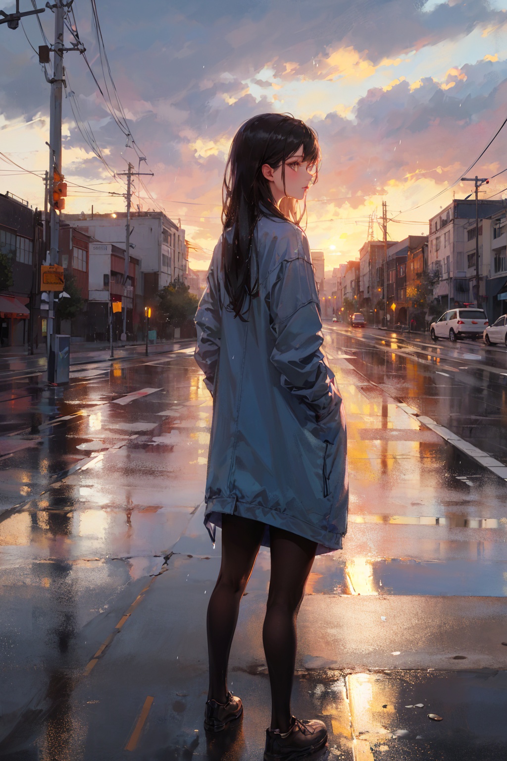 masterpiece,best quality,(ray tracing, cinematic lighting),ex-light,(central composition, Centered Composition and Symmetry:0.6),(back to camera:1.3),backlight,1girl,((solo)),black long hair,messy hair,jacket,pantyhose,rainy day,Cumulonimbus Cloud,(put hands in pockets),(outdoors, rain, sky, deserted streets, watered-down pavements, crossroad, fork in the road),tall buildings,bell towers,glass,reflections,streetlights,sunset,Tyndall Effect,