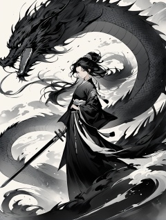 ink painting,Black and white,masterpiece,best quality,((a chinese girl holds a long sword,a big dragon in the back ground,))detailed face,full body,messy floating hair,disheveled hair,perfect hands,