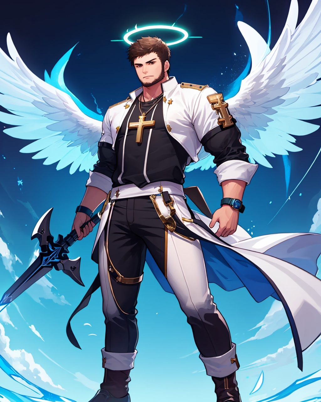 masterpiece,best quality, highly detailed, male priest (dungeon and fighter), solo, 1boy, cross necklace, muscular male, priest, bara, stubble, full body, sideburns, floating, flying, wings, alternate costume, thick thighs, pectorals, glowing weapon, magic, goatee, angel, halo,<lora:male_priest_(dungeon_and_fighter):1>