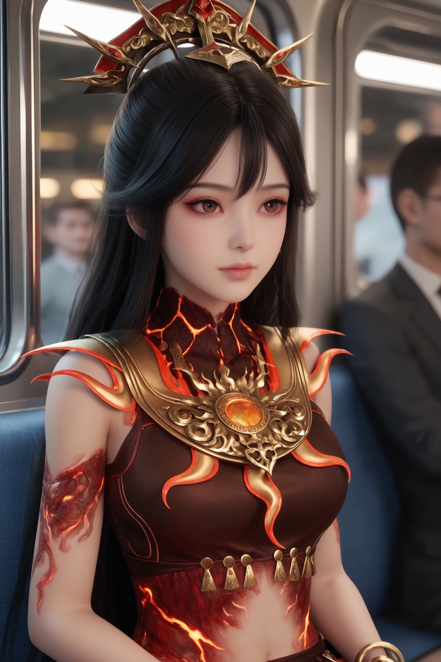 solo,1girl,solo focus,(perfect_anatomy:1.1),(upper_body:1.2),(portrait:1.1),sitting,(train_interior:1.1),(blurry_background:1.2),score_9,<lora:牧神记-炎晶晶Pony:0.6>,long,flowing dark hair,large,ornate headdress,a minimalistic,fiery red outfit,a fiery red design,flames,sleeveless top,high collar,draped skirt.,