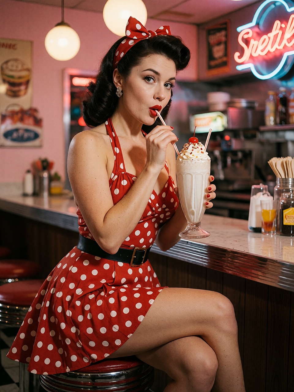 A playful 1950s pin-up style woman with victory roll hair,  wearing a red polka-dot halter dress,  classic red lipstick. S...