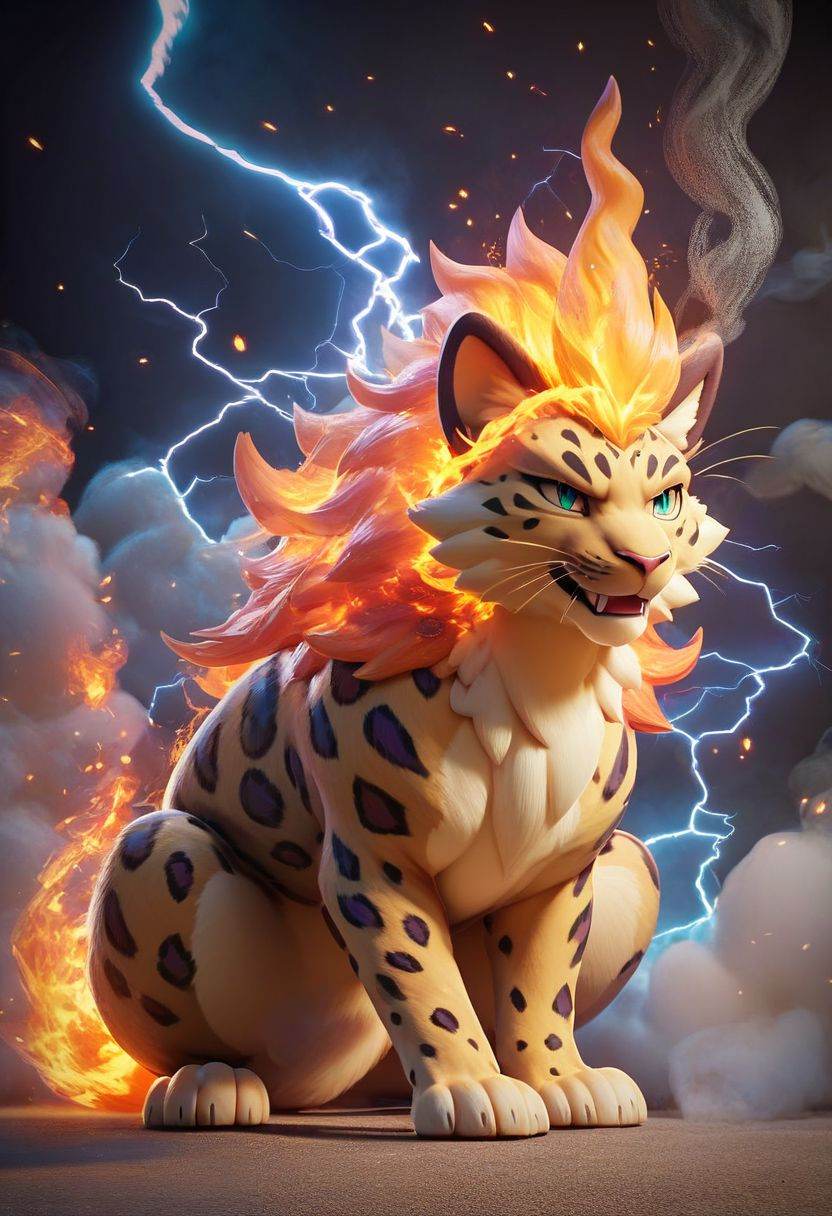 score_9, score_8_up, score_7_up, score_6_up, score_5_up, score_4_up, just describe what you want, tag1, tag2，Pokemon (leopard), Fire, Full Body, Smoke, Lightning, HD, Masterpiece, Best Quality, Solo,