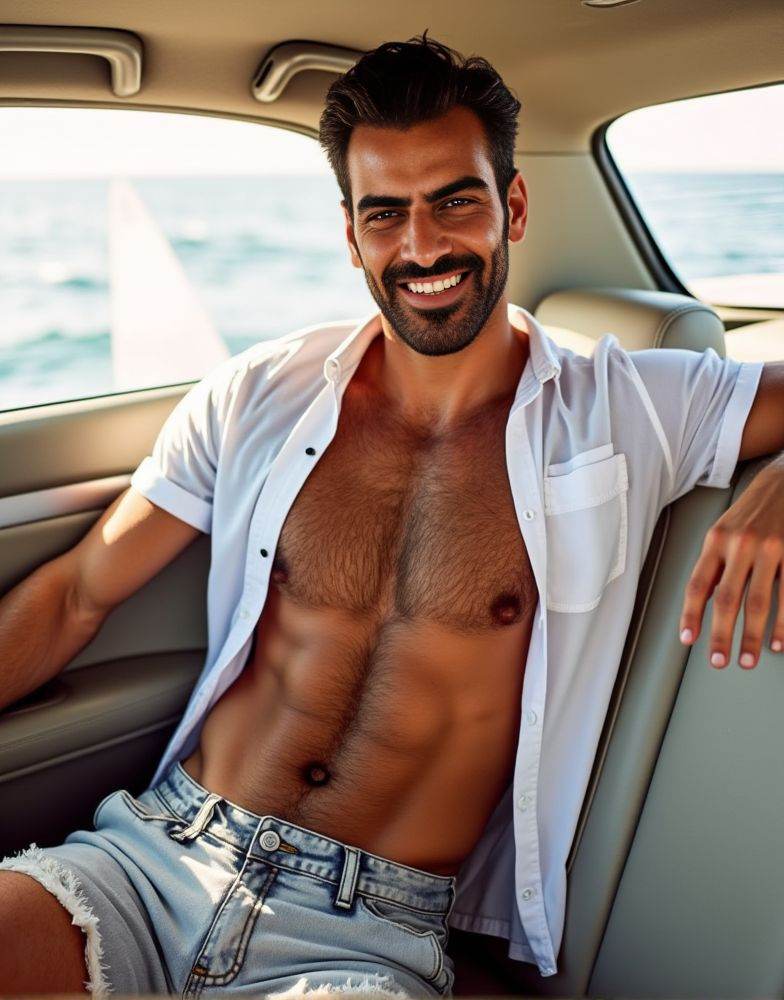 Nyle Dimarco ,  male focus. shirtless smiling. editorial. empathetic eyes. sitting in the passenger seat of a car. natural...