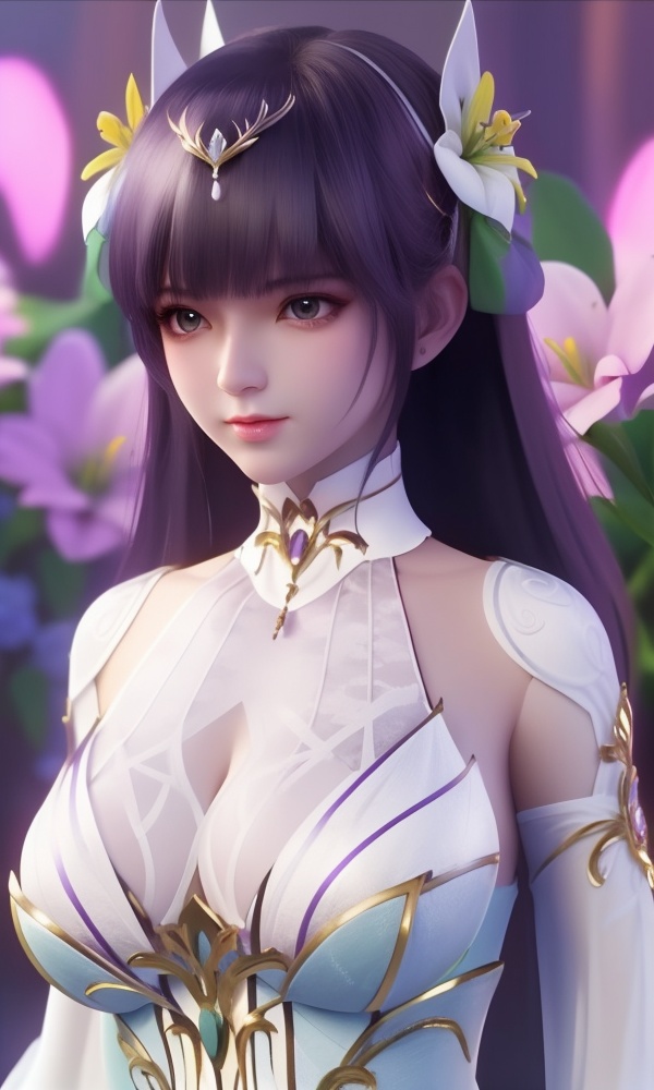 <lora:515-DA-神印王座-枫玲儿:0.8>(,1girl, ,best quality, ),looking at viewer,  ,ultra detailed 8k cg,ultra detailed background,ultra realistic 8k cg,1girl, solo,(bare shoulders:0.85),(masterpiece, best quality),((oil painting style)),sexy young lady,(beautiful face and eyes),(upper body:1.5),(whole body:1.05),(single person:1.2),surrounded by flowers, (lily), roses, floret, vegetation, white, purple, purplish pink,Impressionism,colorful,(Breast size:1.3),(cleavage),