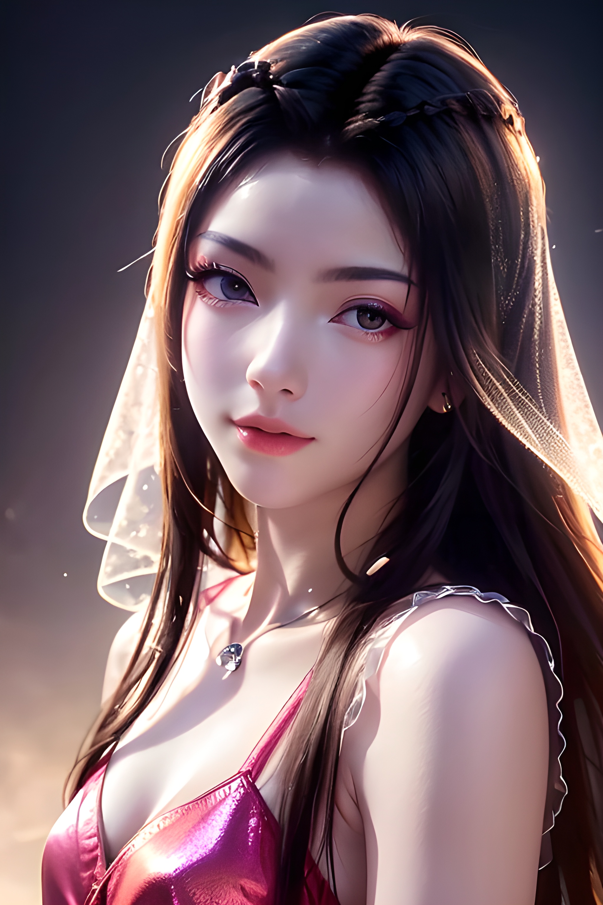 yuanyaoscore_9,score_8_up,score_7_up,source_anime,Close-up details,realistic style photo young woman,solo,long hair,big breasts,outstanding style,tall,cute,in her teens.   Use soft lighting to cast gentle shadows on the subject,adding a touch of dimension to your images without compromising details,ear_ornament,hair_ornament,eyelashes,makeup,light pink eye shadow,light pink lipstick,pale skin,makeup,whirls of vapor,iridescent textures,(Anime:1.1),soft neon light,ethereal ambiance,delicate details,magical atmosphere,concept art,highly detailed,ultra-high resolution,32K UHD,sharp focus,best-quality,masterpiece,unconventional supreme masterpiece,masterful details,temperate atmosphere,with a high-end texture,in the style of fashion photography,magazine cover,Dynamic Angle,Dynamic posture,magazine cover,Dynamic Angle,Dynamic posture,1girl,dress,breasts,solo,black hair,purple dress,(veil:1.2),jewelry,cleavage,long hair,looking at viewer,necklace,flowers background,<lora:yuanyao_V0.3:0.75>,(full_shot:1.4),small chest,, masterpiece, best quality,