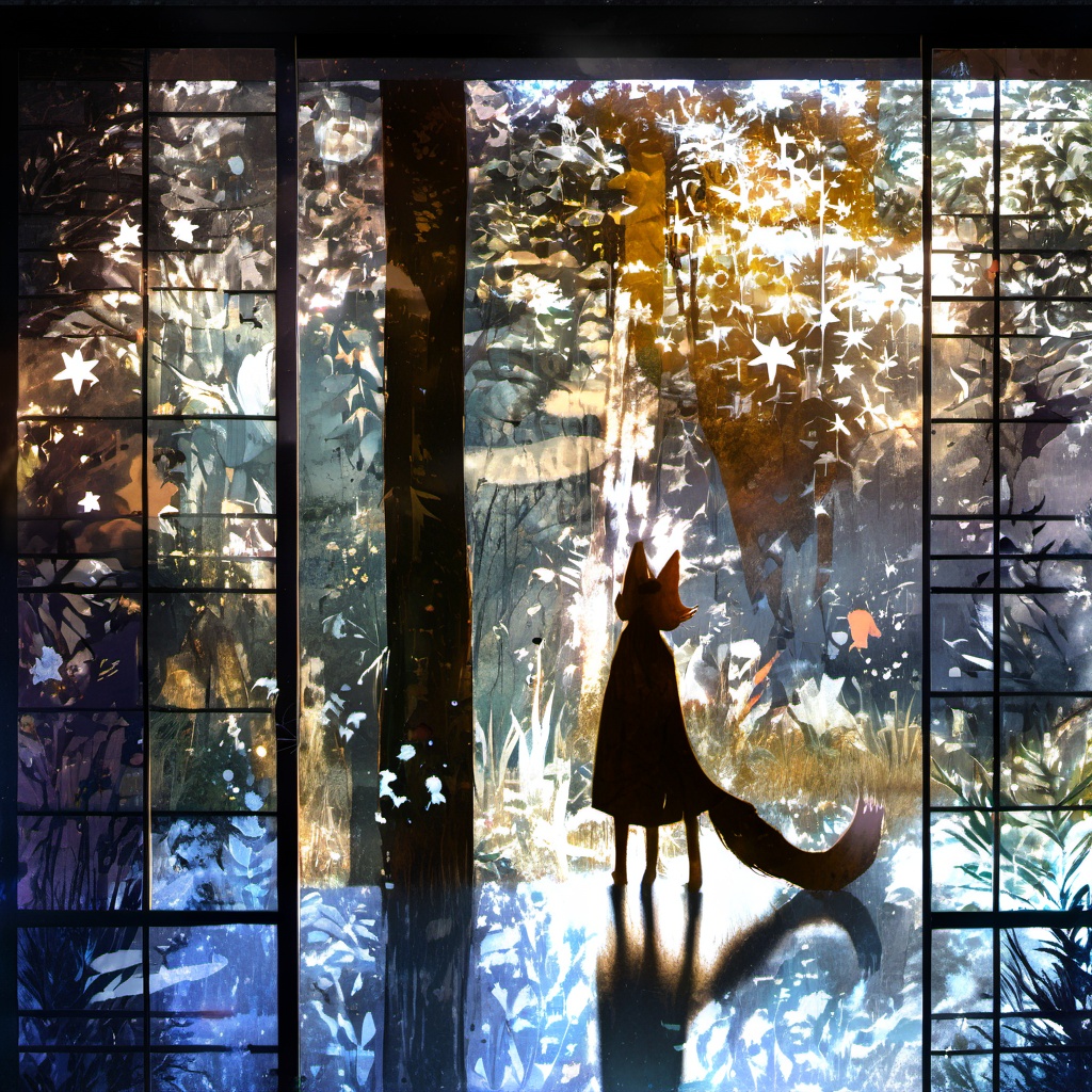 <lora:star_xl_v2:1>,a cat sitting on a window sill looking out at the outside of the window with the cat in the window, 1girl, solo, animal ears, standing, tail, japanese clothes, water, from behind, tree, fox ears, fox tail, leaf, sunlight, scenery, reflection, silhouette, sliding doors, sitting, shadow, grass, The image showcases a serene and dreamlike scene set against a backdrop of a forest. A silhouette of a person, possibly a girl, stands in the center, holding a fox-like creature by its tail. The person is dressed in a long dress and appears to be gazing into the distance. The forest is illuminated by a soft, golden light, and there are various elements like leaves, branches, and possibly fireflies scattered throughout. The image is framed by a window or sliding door on the left, which has a grid pattern. The entire scene is overlaid with a myriad of abstract shapes, stars, and patterns, giving it a magical and ethereal quality., serene, dreamlike, forest, fox-like creature, dress, gaze, grid pattern, magical, ethereal