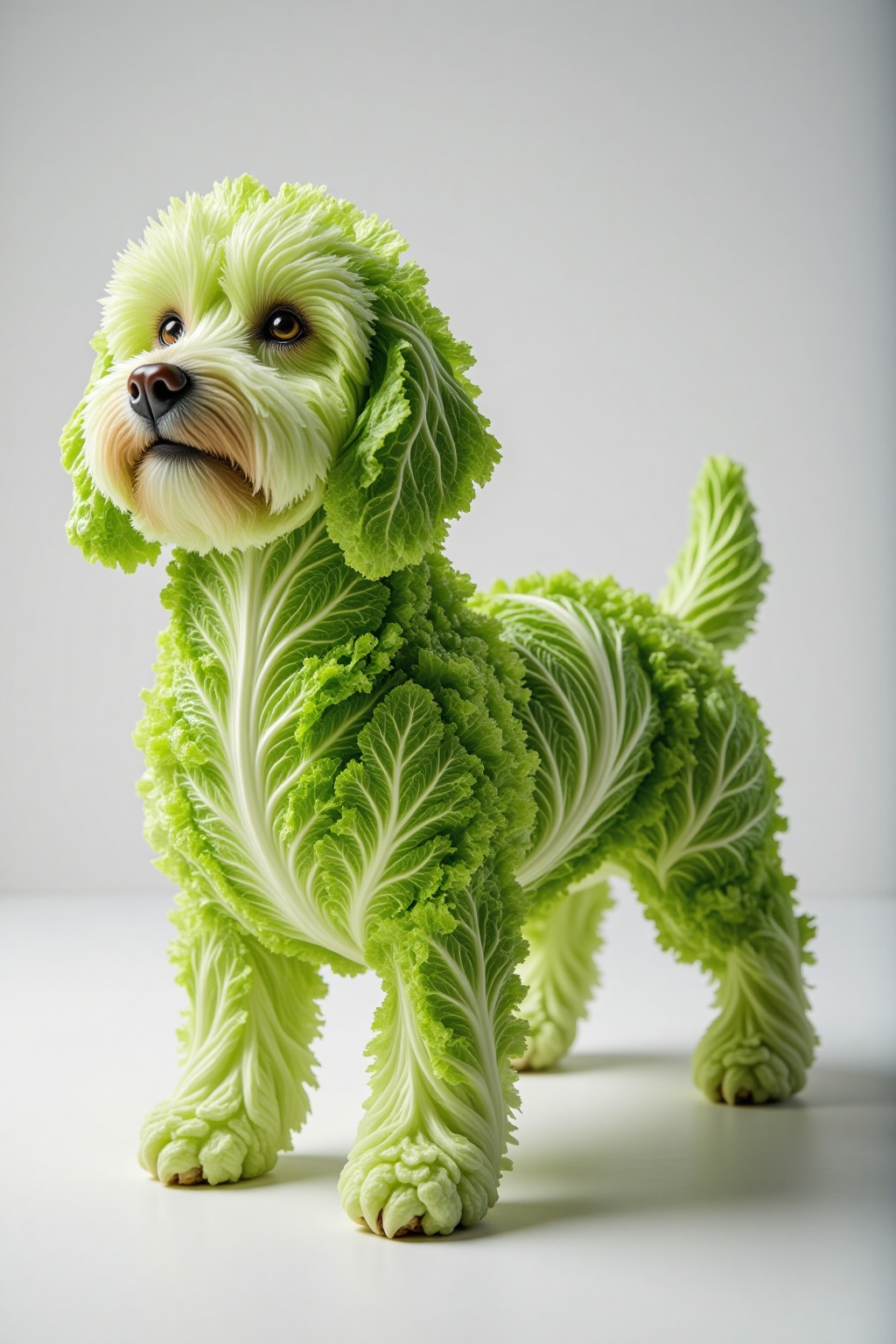 pic,A dog whose body is composed of crisp, vibrant green lettuce leaves.