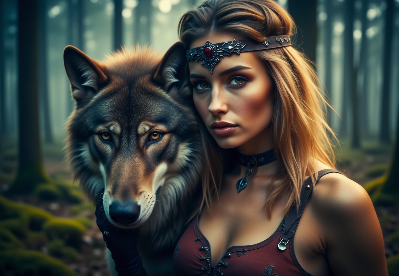 Face close-up of polish woman in airy hazel outfit and a wolf in the deep dark forest,  colorful nature,  overcast storm o...