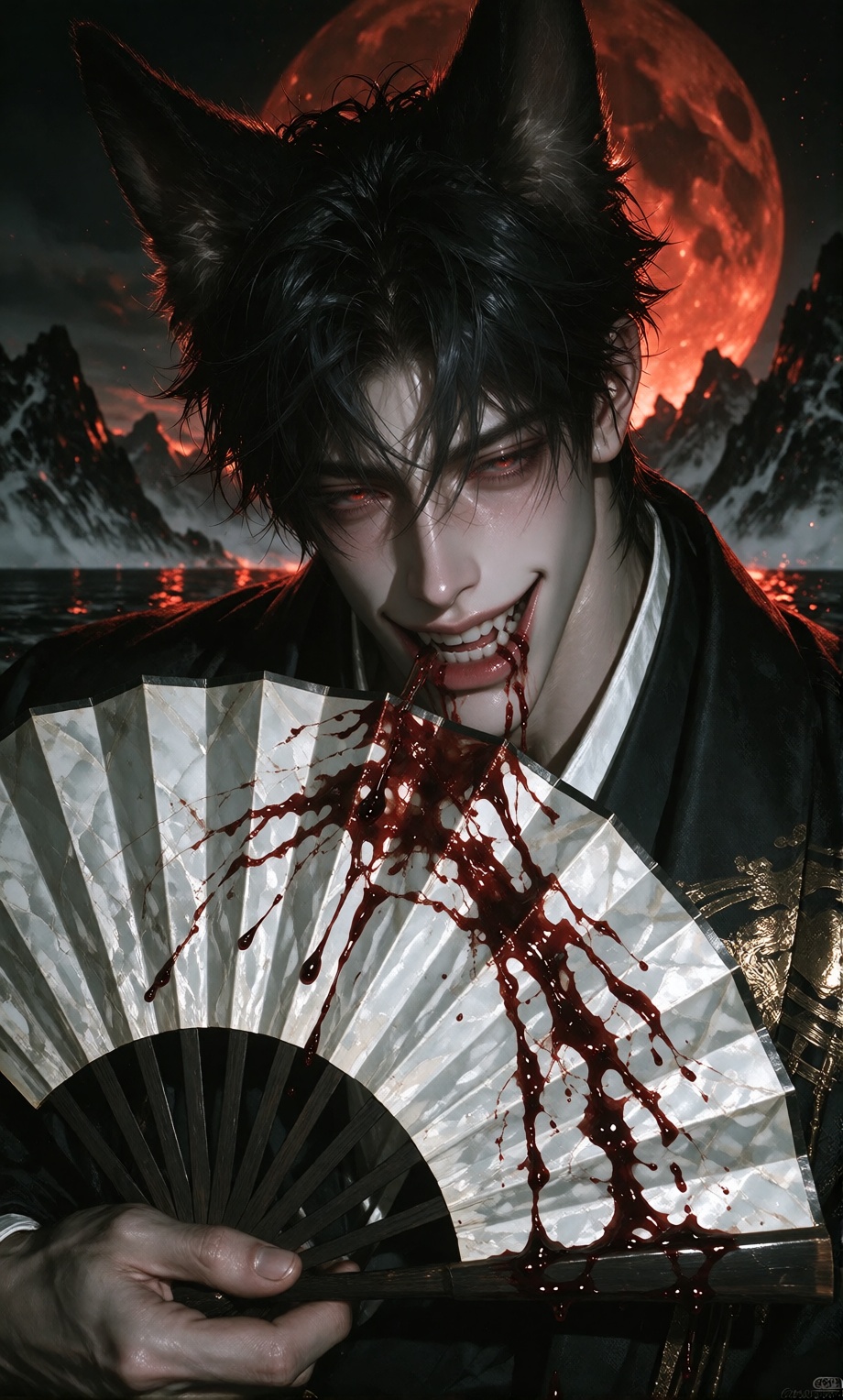 A pale-skinned,  black-haired male with fox ears and a sharp-toothed grin holds a white folding fan partially obscuring hi...
