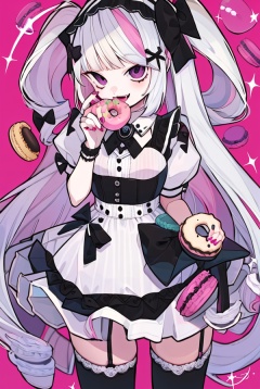 CH,high contrast,1girl,solo,long hair,looking at viewer,smile,open mouth,bangs,hair ornament,thighhighs,dress,bow,holding,twintails,purple eyes,white hair,short sleeves,hairband,food,puffy sleeves,black thighhighs,nail polish,puffy short sleeves,fangs,garter straps,drill hair,pink background,pink nails,doughnut,macaron,