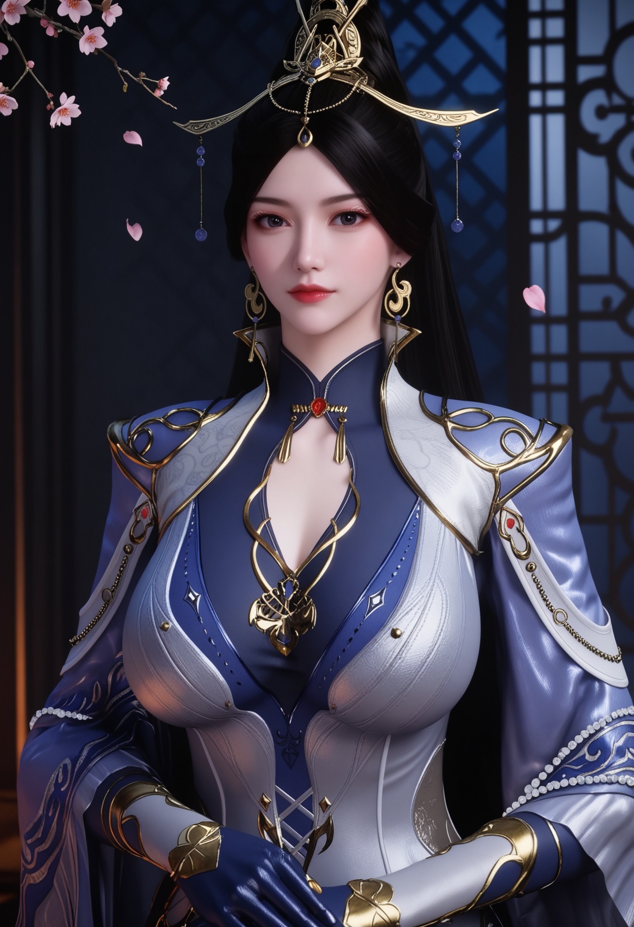 (upper_body:1.2),(gigantic breasts:0.6),Perky boobs,(looking at viewer:1.1),facing viewer,direct gaze,(masterpiece:1.1),(best quality:1.2),(intricate details),(smog:1.3),(Dark room:1.3),(dim lighting:1.3),peach blossom,falling petals,<lora:YQ_Illustrious光辉v5_秋清儿_V1:0.8>,1girl,q1528437228,solo,black hair,jewelry,earrings,long hair,hair ornament,ponytail,dress,gloves,chinese clothes,bodysuit,black eyes,cape,high heels,pantyhose,masterpiece,(best quality),(intricate details:0.9) BREAK (intricate details:0.9),(realistic skin:1.2),masterpiece,best quality,newest,absurdres,hiahres,