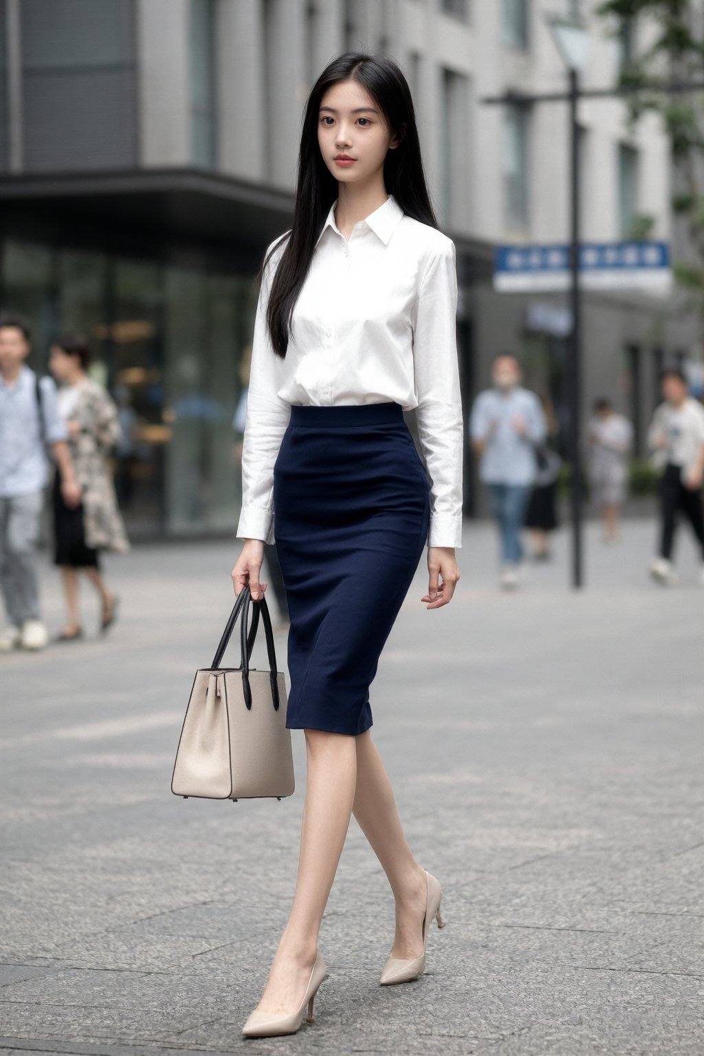 照片中，一位身材苗条、容貌姣好的亚裔女性正走在城市街道上，她留着一头乌黑亮丽的长直发。她身穿一件干净利落的白色衬衫和一条修身的藏蓝色铅笔裙，脚蹬一双米色高跟鞋。她手提一个米色手提包，包带是黑色的提手。背景中可以看到现代化的建筑、几位行人以及一块带有中文的路牌。整个画面散发着一种都市的干练气息。
