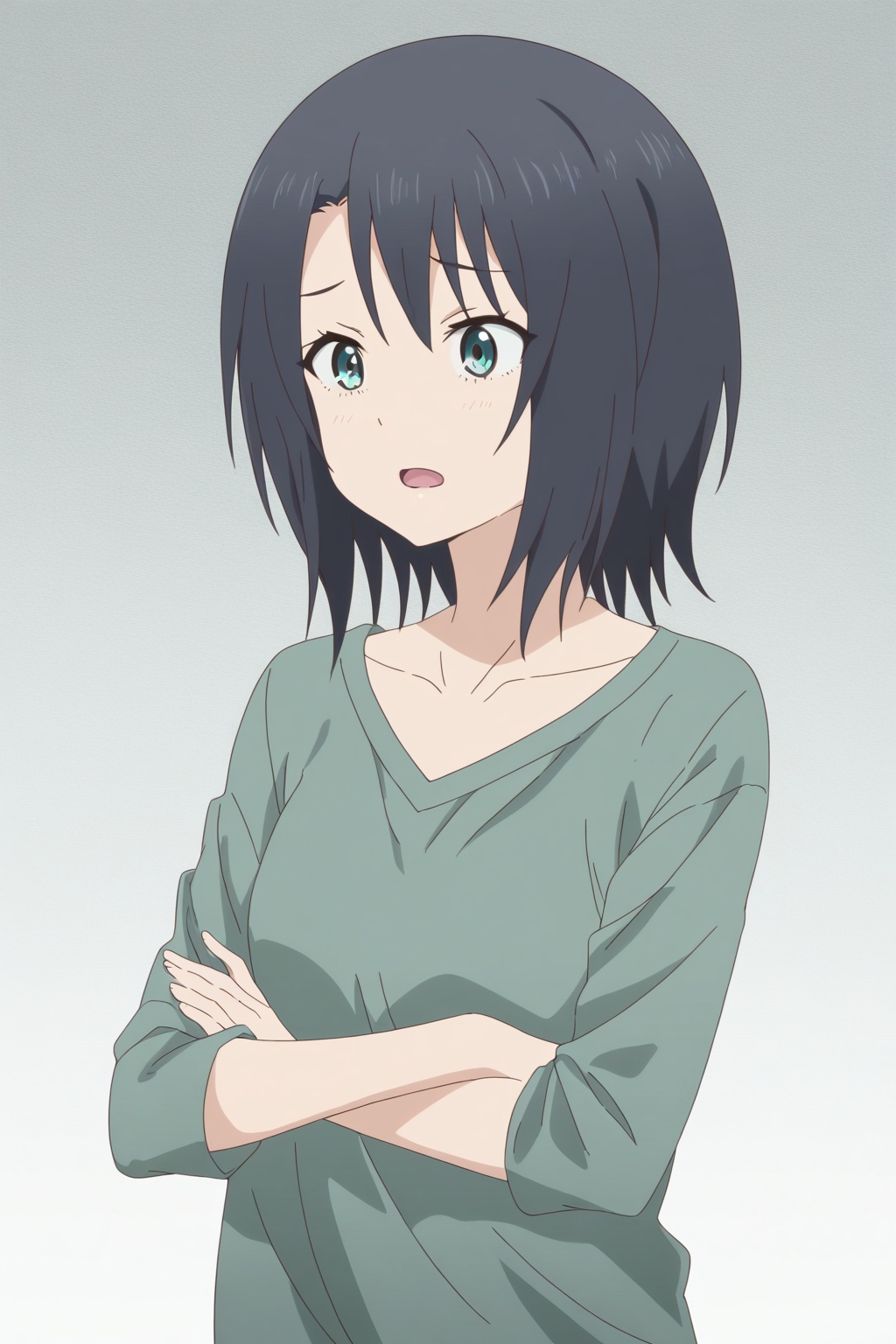 Yoshimoto-san, 1girl, solo, black hair, short hair, crossed arms, open mouth, collarbone, blue eyes, shirt, upper body<lora:journey-000004:0.8>,