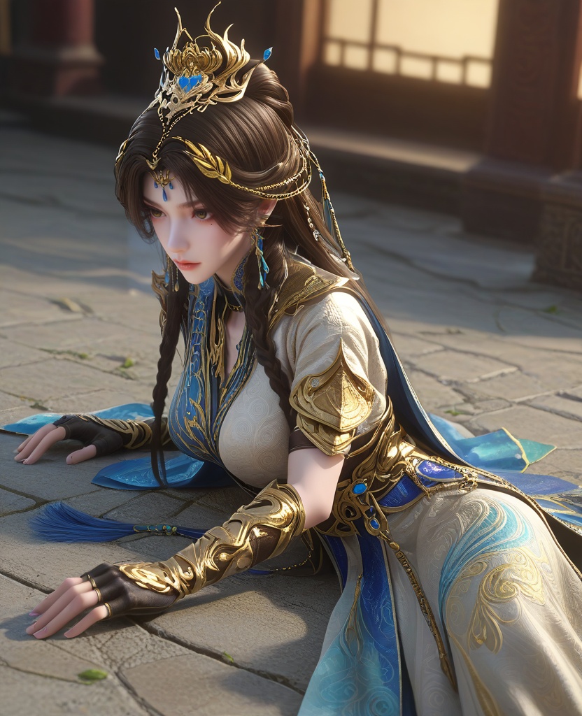 (oriental architecture, elegant decor, sophisticated style:1.1),(Lying back on her elbows, a leg casually draped over the other, eyes locked onto an unseen lover across the room, she channels raw desire and tantalizing allure:1.1),(Close-up, focusing on a specific detail or part of the subject:1.1),(large breasts:1.2),<lora:XL16云深不知梦羲和第20集‌跃灵谷:0.95>,miss xihe,white and blue tiered hanfu,brown eyes,mole under left eye,black hair,very long hair,draped looped buns with front braid,hair ornament,jewelry,vambraces,black fingerless gloves,cape,sash,, score_9,score_8_up,score_7_up,score_6_up,score_5_up,score_4_up,3d rendering,tag1,tag2, Cinematic Lighting,backlighting,