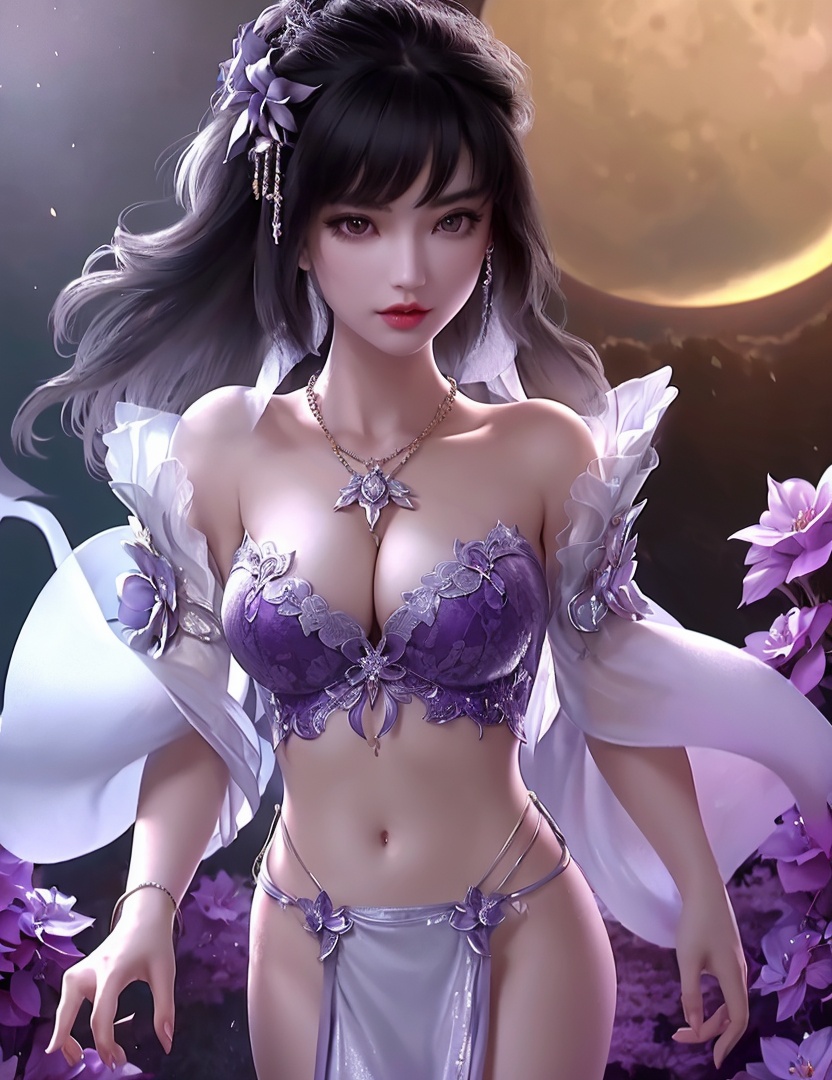 ultra realistic 8k cg, picture-perfect face, flawless, clean, masterpiece, professional artwork, famous artwork, cinematic lighting, cinematic bloom, perfect face, beautiful face, fantasy, dreamlike, unreal, science fiction,   lace, lace trim, lace-trimmed legwear,  (rich:1.4), prestige, luxury, jewelry, diamond, gold, pearl, gem, sapphire, ruby, emerald, intricate detail, delicate pattern, charming, alluring, seductive, erotic, enchanting, hair ornament, necklace, earrings, bracelet, armlet,halo((,1girl, pov,))(((1girl, jewelry, solo,, breasts, , looking_at_viewer,  outdoors,  full moon,  upper body,  purple flower, )))    <lora:DA_YueChanTeen:0.7>