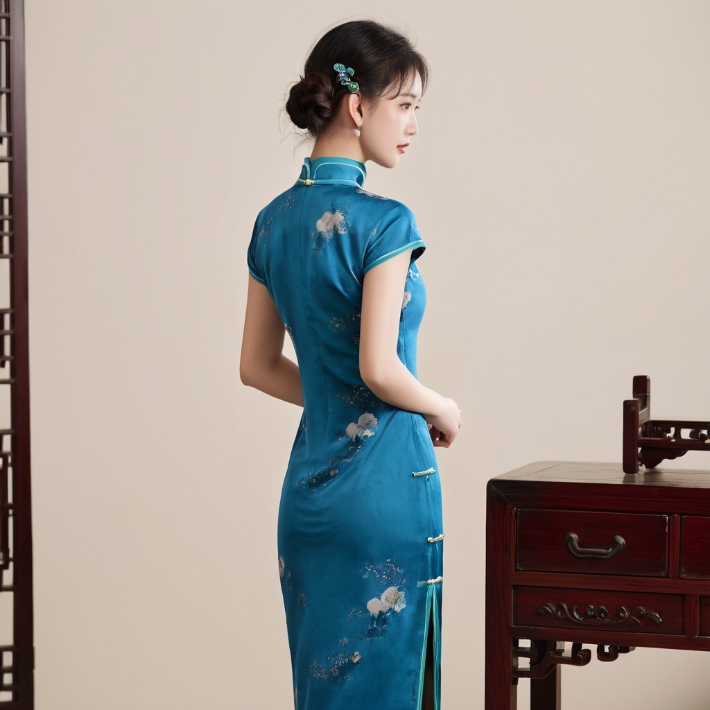 (Solo),from behind, full body, a 20-year-old beautiful idol girl wearing cheongsam, simple background, indoor, standing,