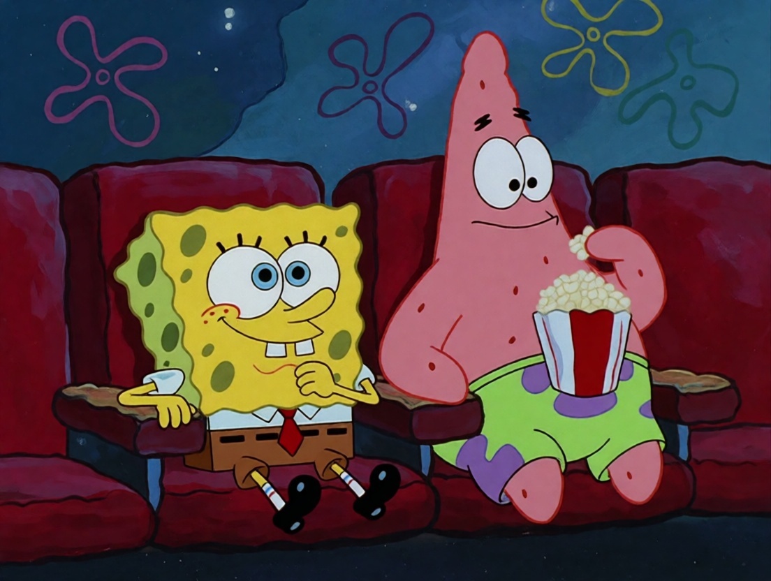Spongebob and patrick are seated in a movie theatre. They are eating pop corn. on Tensor.Art