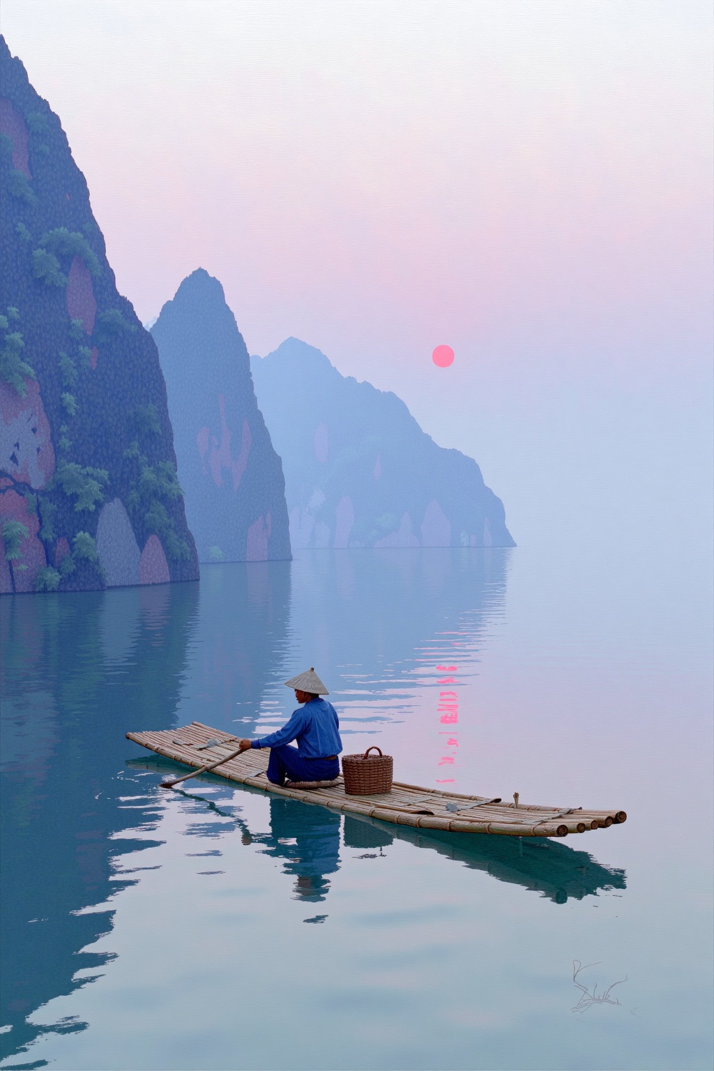 beijihui,a man in a blue shirt and a straw hat is rowing a bamboo boat on a body of water. The boat is adorned with a brown basket and a brown oar. The man's face is turned towards the left side of the frame. The sun is setting in the background, casting a pink hue over the mountains. The mountains are reflected in the water, their shadows cast on the surface of the water.