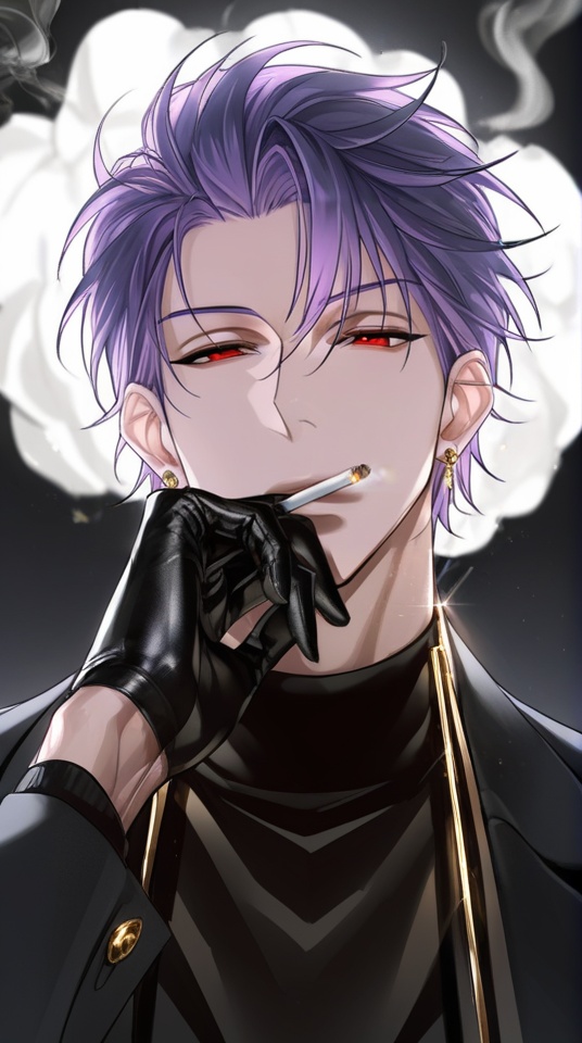 (best quality), ((masterpiece)), (highres), illustration, original, extremely detailed, <lora:男风XL:0.7>cigarette, male focus, red eyes, jewelry, purple hair, earrings, gloves, black gloves, jacket, smoking, 1boy, short hair, smoke, holding, holding cigarette, black jacket, turtleneck, long sleeves, multiple boys, open jacket, glint, open clothes, solo focus, sweater