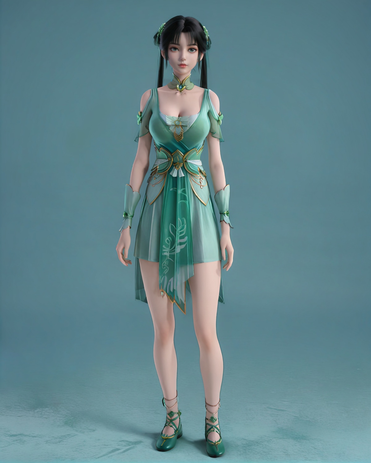 air_skin,white_skin,score_9,<lora:SF_BiYao_Pony_Realism-000004:0.7>,green dress,hair ornament,black hair,1girl,breasts,large breasts,standing,solo,green footwear,looking at viewer,simple background,full body,