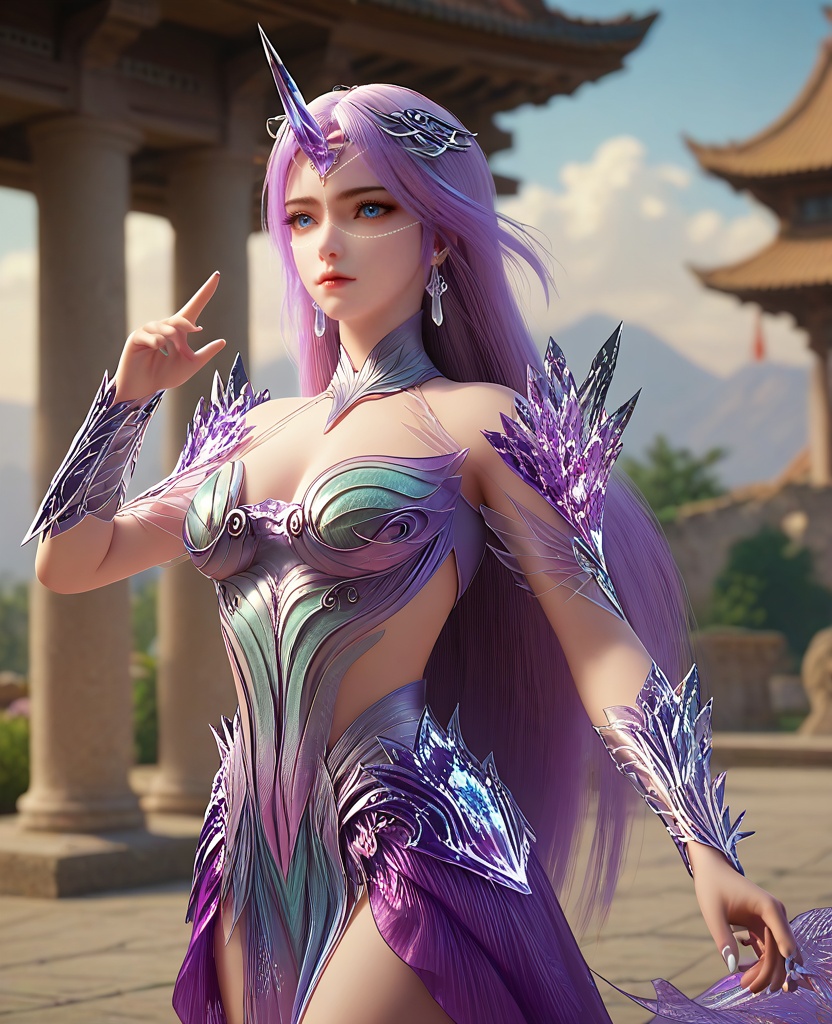 (oriental architecture, elegant decor, sophisticated style:1.1),victory pose,(breasts:1.2),<lora:XL16完美世界月柳:0.95>,miss yueliu,solo,boobplate,purple skirt,blue eyes,forehead crystal horns,face chain,unicorn hair,very long hair,earrings,crystal pauldrons,crystal faulds,fart curtain,crystal vambraces,ashi kazari,, zPDXL2, score_9, score_8_up, score_7_up BREAK realistic, masterpiece,best quality, highly detailed,, zPDXL3, zPDXL2,zPDXL, zPDXLxxx, zPDXLrl,