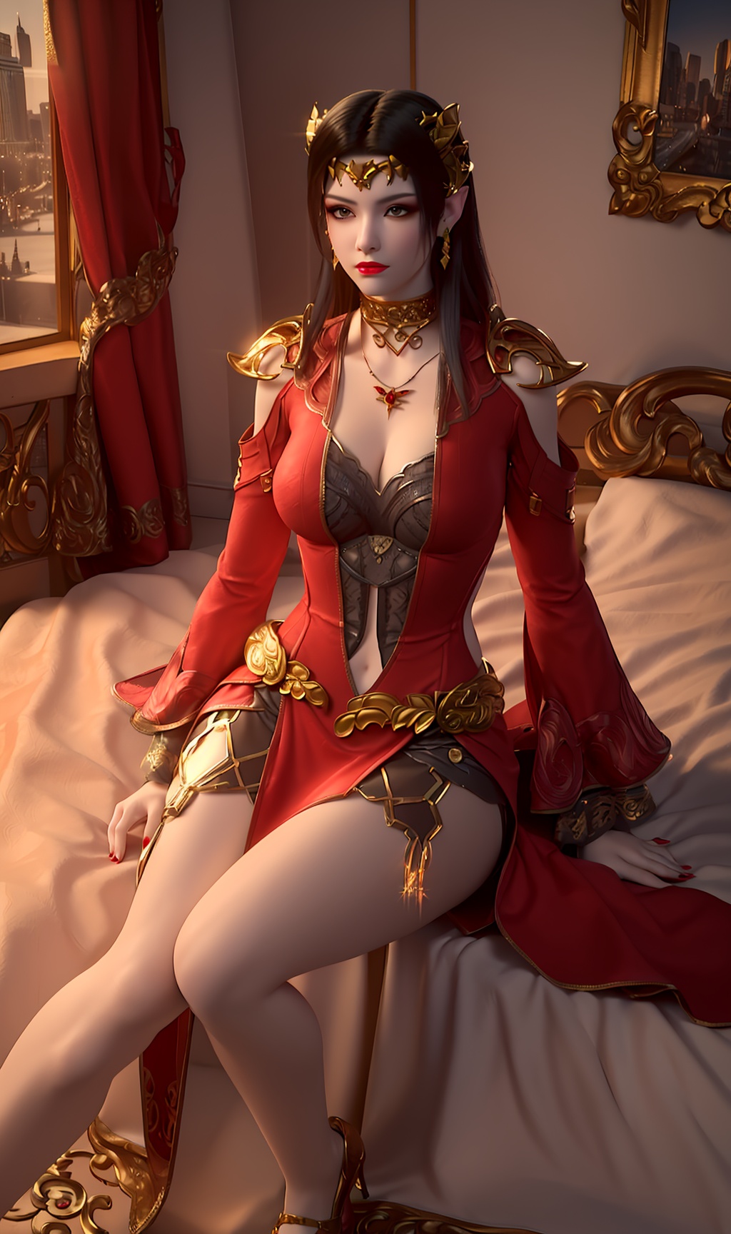 3D,masterpiece,(best quality),(makeup),official art, extremely detailed cg 8k wallpaper,((crystalstexture skin)), (extremely delicate and beautiful),(highly detailed),(face),headpiece,(collar),(tiara),(gold_trim),(shoulder_armor),(long_sleeves),(1girl), (solo), (jewelry), (earrings),(black_hair),(long_hair),(hair_ornament),(handwear),(breasts),(sitting),((full_body,whole_body)),(dress),(short_skirt),(multicolored_clothes),(multicolored_dress),(shiny_clothes),(city,indoor,bed),(long_legs,thighs),(sash),(navel),(bodysuit),,((looking_at_viewer)),((Facing the camera)),(high_heels),, <lora:hipoly3DModelLora_v10:0.3>