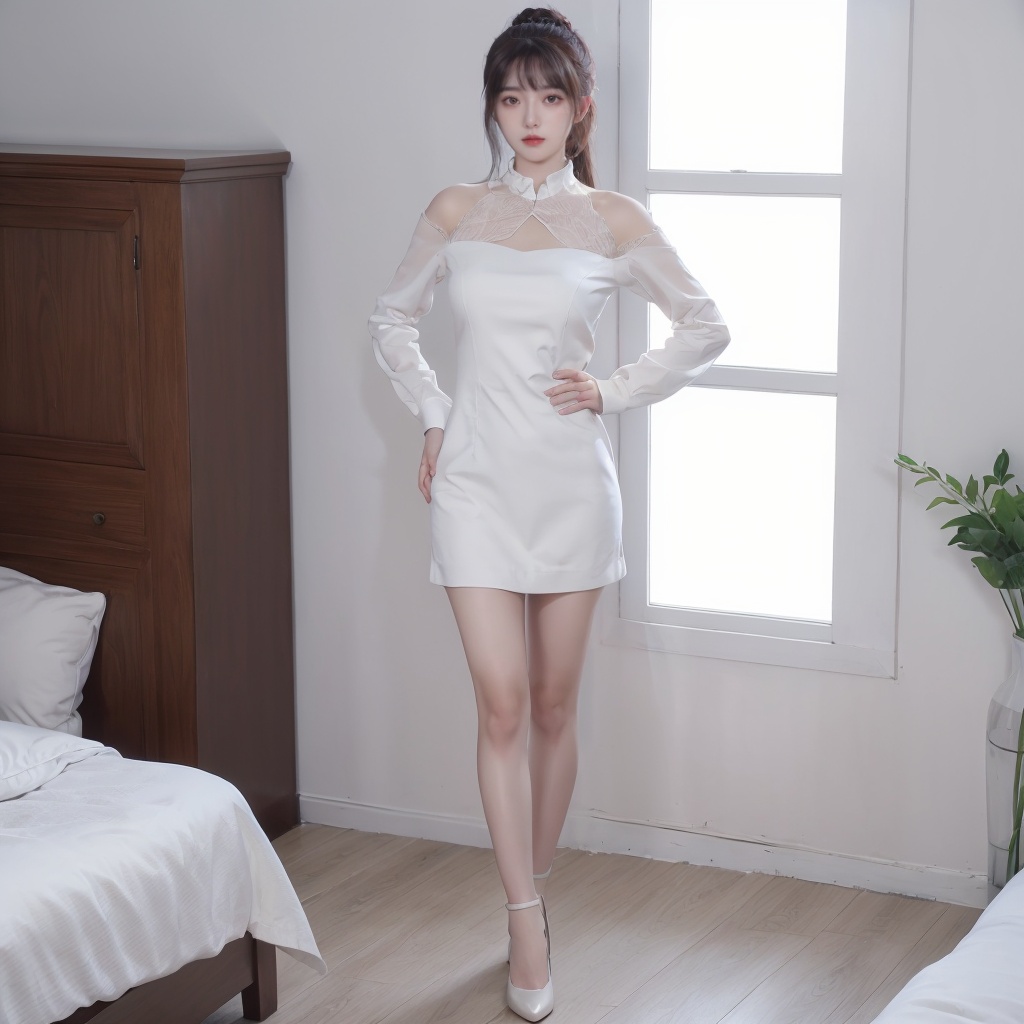 1girl, dress, Indoor, standing, full_body,hand on hip,<lora:20231109-1699510907344:0.6>