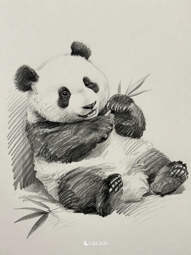 Detailed graphite pencil sketch of a playful giant panda cub,  captured mid-movement as it rolls onto its back clutching a...