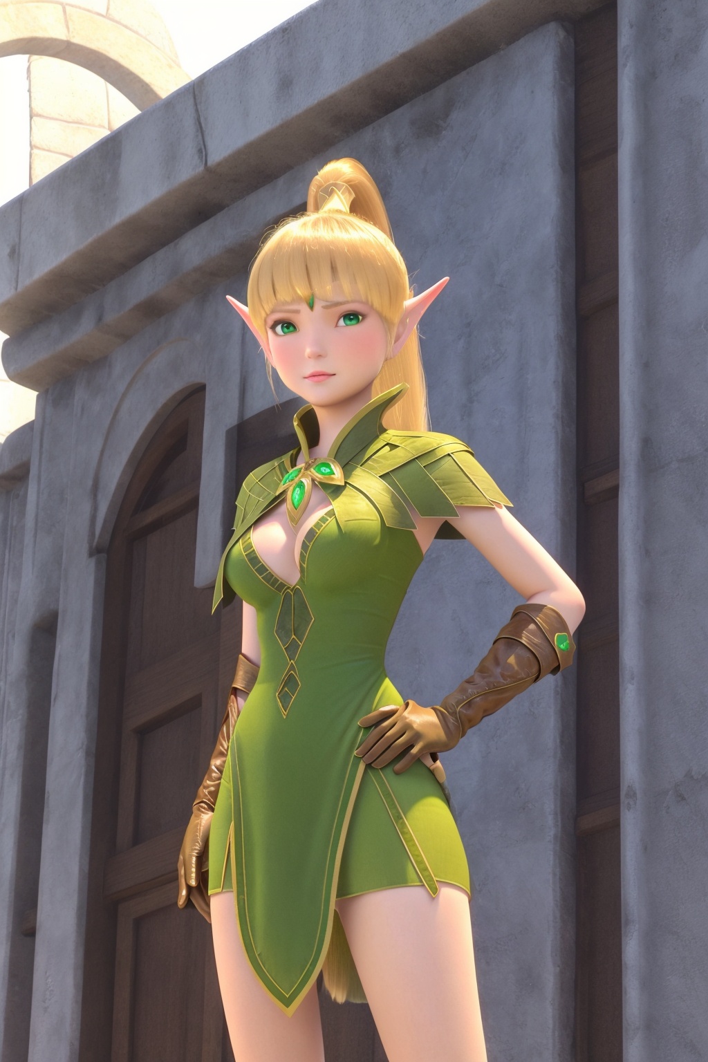 1girl,blonde hair,pointy ears,green eyes,gloves,solo,brown gloves,hand on hip,elf,breasts,looking at viewer,long hair,ponytail,dress,bangs,green dress,lips,closed mouth,gem,blunt bangs,blurry,cleavage,medium breasts,arms_crossed,<lora:liya-000004:0.7>,