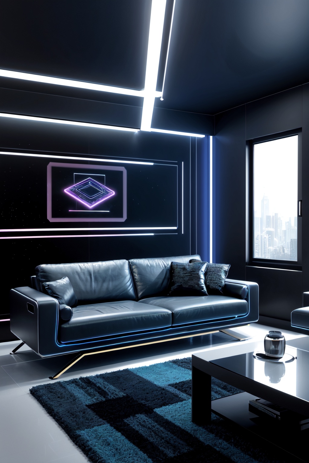 cyberpunkAI, futuristic living room, holographic technology, digital interface, modern furniture, high-tech interior, sci-fi concept art, digital rendering, blue and black color scheme, clean lines, minimalist design,<lora:cyberpunkAI:0.8>,, masterpiece,best quality,