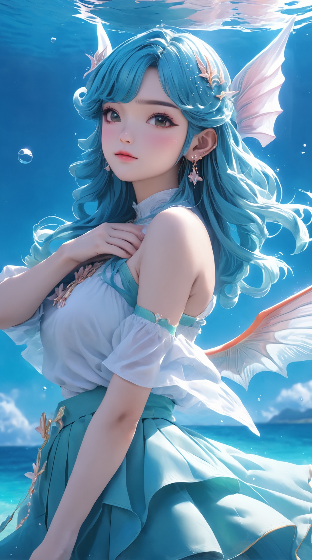 (1girl),smooth chin,masterpiece,detailed face,((hair ornament)),top quality,4k,make up,best quality,alone,single,solo,only one,one character,blush,(body blush),(detached sleeves),earrings,(blue hair),under water,(head fins),long hair,(from below),ocean,(puffy hair:1.13),head wings,frilled skirt,frilled clothes,model,looking at viewer,Cute Women,frilled shirt,bubble skirt,green skirt,full body,(detached shirt),bandeau,blue skirt,(Prayer with both hands),Masterpiece, the best quality,(The best hand),dly