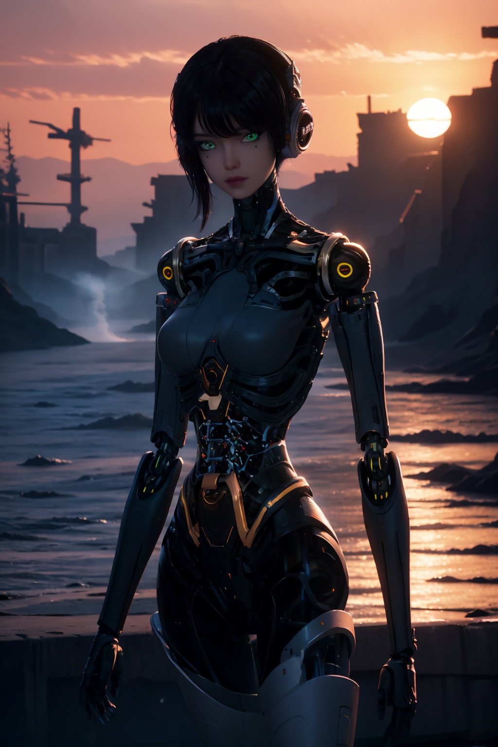 ash,1girl,green eyes,android,black hair,looking at viewer,robot joints,solo,breasts,mechanical parts,short hair,joints,cyborg,blurry background,lips,medium breasts,science fiction,cyberpunk,bangs,cable,depth of field,desolate,ruins,war,smoke,apocalypse,guns,fight,dusk,outdoor,sunset,broken bridges,destroyed cities,