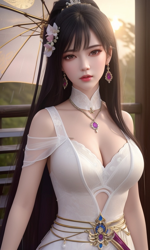 (,1girl, ,best quality, ),looking at viewer, <lora:418-DA-百炼成神-莫雨馨:0.8> ,,ultra detailed 8k cg, ultra detailed background ,ultra realistic 8k cg,          cinematic lighting, cinematic bloom, (( , )),,  , unreal, science fiction,  luxury, jewelry, diamond, pearl, gem, sapphire, ruby, emerald, intricate detail, delicate pattern, charming, alluring, seductive, erotic, enchanting, hair ornament, necklace, earrings, bracelet, armlet,halo,masterpiece, (( , )),, realistic,science fiction,mole,   ,cherry blossoms,,(((Best quality, masterpiece, ultra high res, (photorealistic:1.4), raw photo, 1girl, ,rain, , sunlight, sunset, qianqiu wanxia,     )))  (cleavage), (), 1girl, , , depth_of_field, solo, , ,