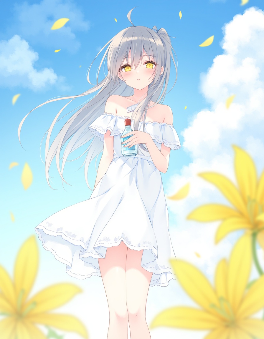 1girl, dress, cloud, sky, blurry foreground, outdoors, long hair, flower, solo, white dress, yellow eyes, day, blue sky, bottle, holding, off-shoulder dress, holding bottle, yellow flower, looking at viewer, blurry, off shoulder, bare shoulders, depth of field, breasts, standing, blush, petals, cloudy sky, closed mouth, hair between eyes，  <lora:rurudo_lora_v2_trigger_word_rurudo:1>